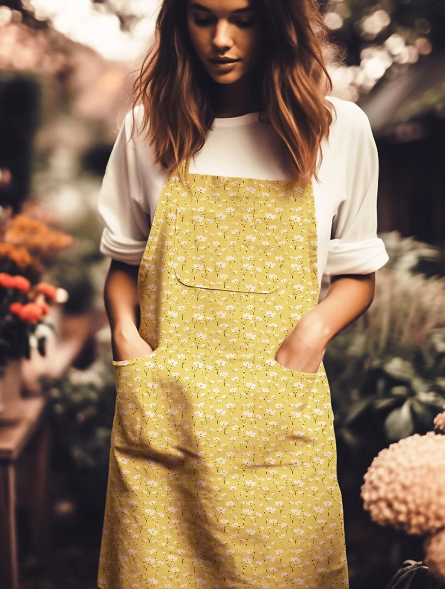 A woman with long brown hair wearing a white shirt with rolled-up sleeves and a yellow apron with a white floral pattern, standing in a flower shop. Example of Kelly Rideout's patterns for licensing  on product