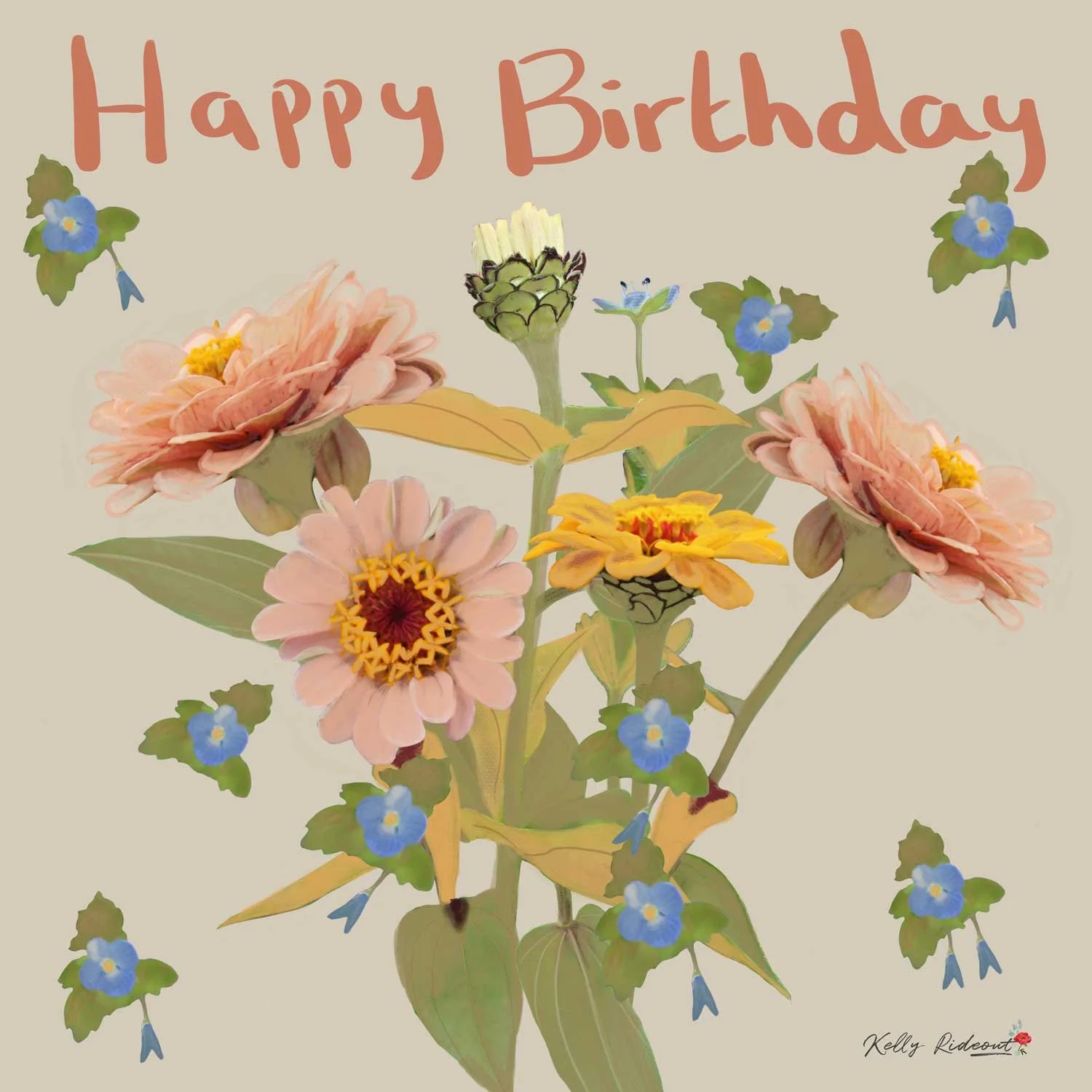 A birthday greeting card with a beige background featuring a bouquet of pink, yellow, and green flowers with green leaves, surrounded by small blue flowers, and the words 'Happy Birthday' written in large pink letters at the top.