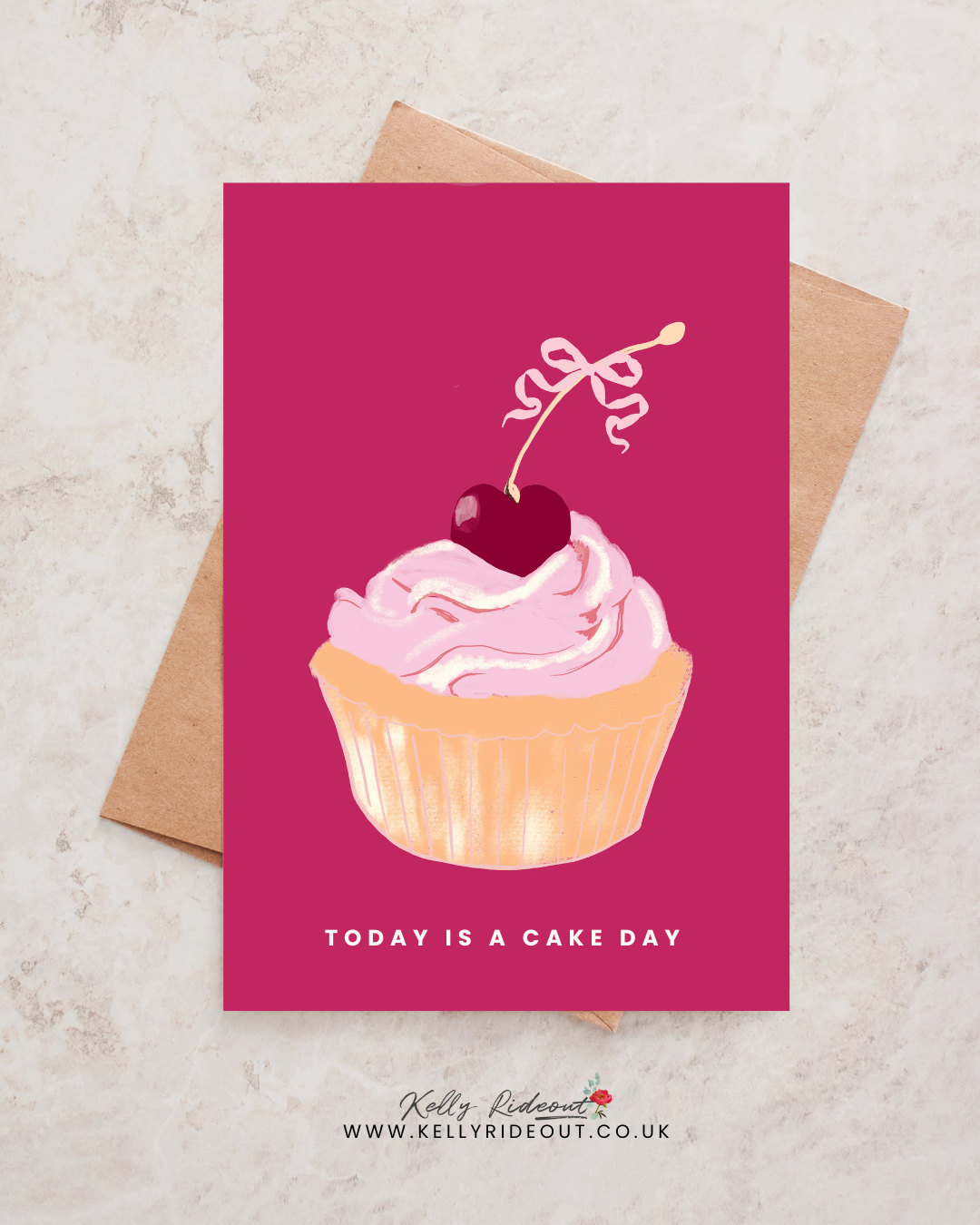 A pink cupcake with pink frosting and a cherry on top, decorated with a ribbon-like swirl, on a magenta background with the caption 'Today is a Cake Day'.
