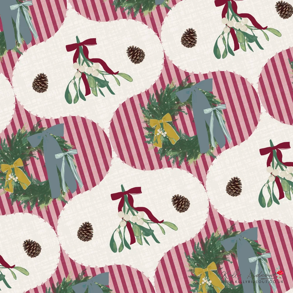 Pattern of Christmas ornaments with pinecones, mistletoe with red ribbons, and wreaths with bows on red and white striped backgrounds.