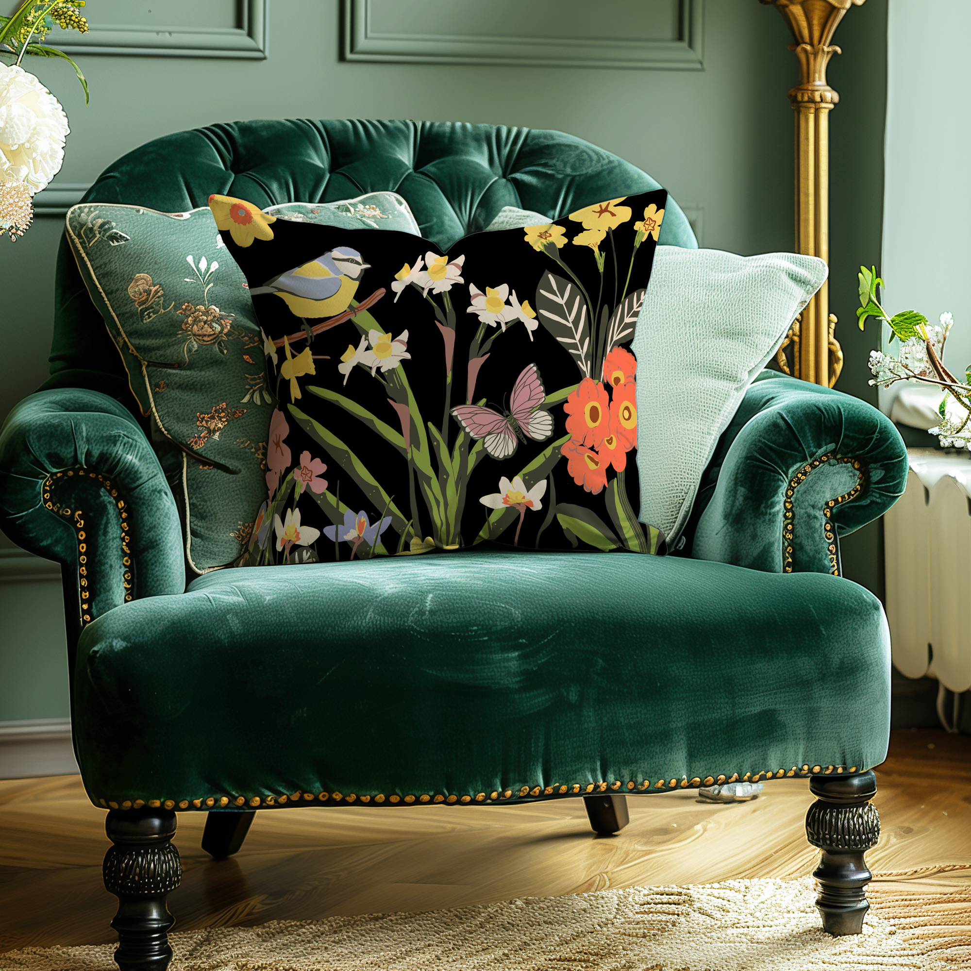 Flower and Bird Illustrated Black Cushion-on-Green-Armchair home decor