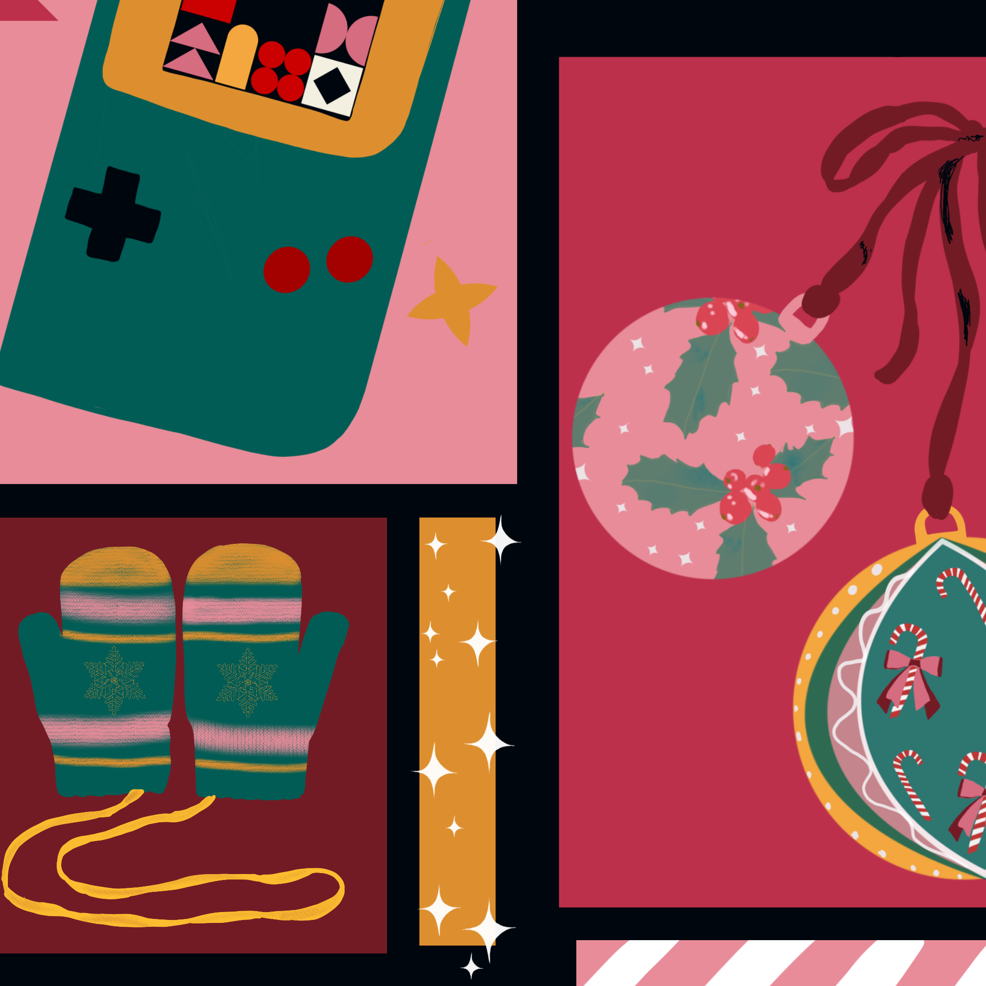 Christmas retro illustrated cushion fabric including gameboys, Christmas baubles, stars and gloves