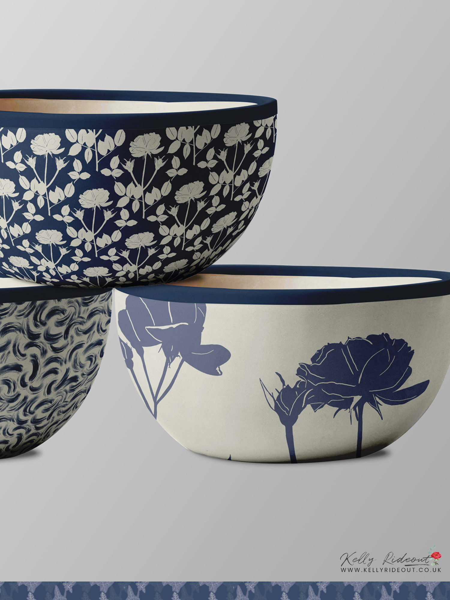 Floral Stencil surface pattern design in blue and white on three decorative bowls, stacked against a plain background. Surface Pattern Designs are for licensing and in a variety of colour ways