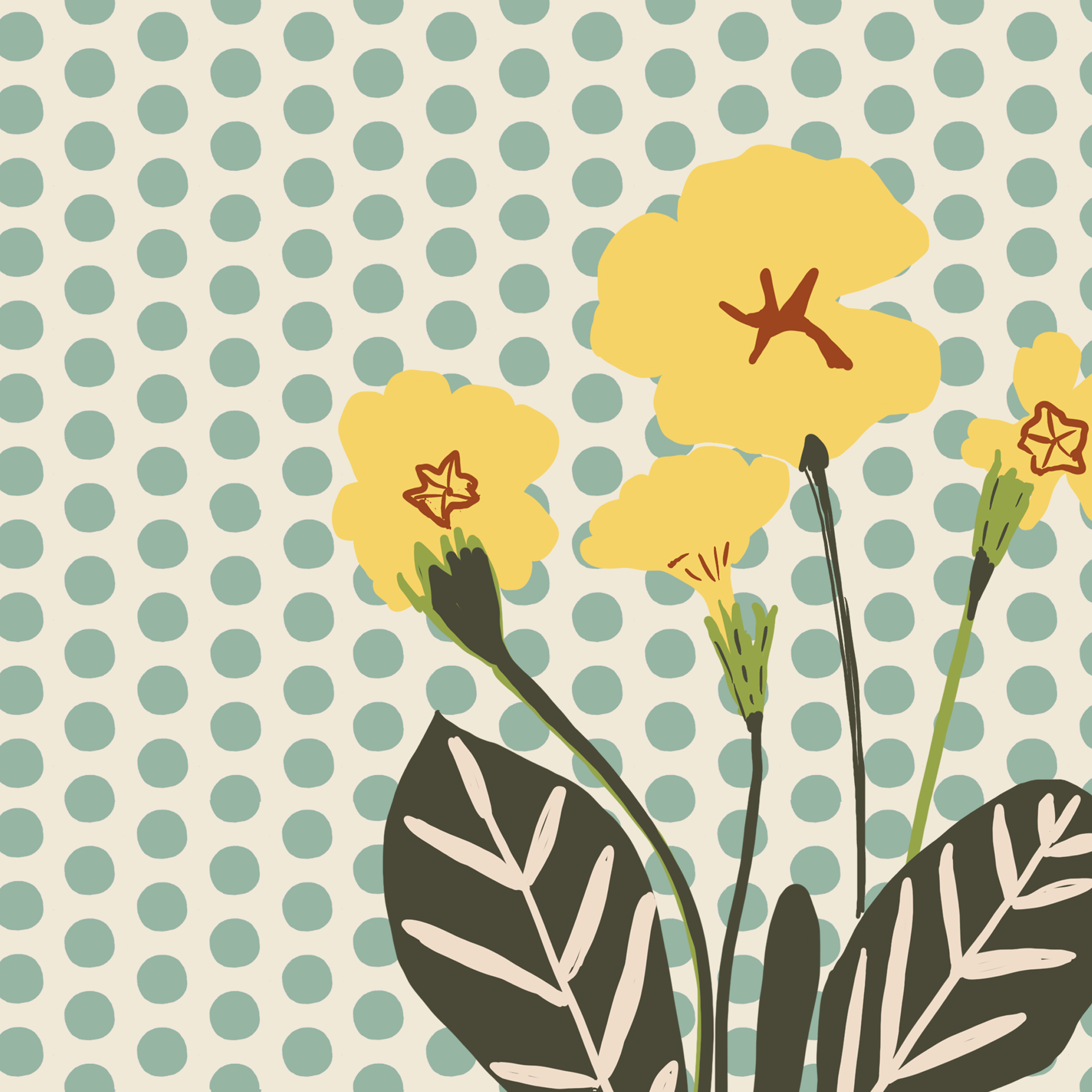 Primrose yellow illustration with mint glaze dots by Kelly Rideout cushion fabric