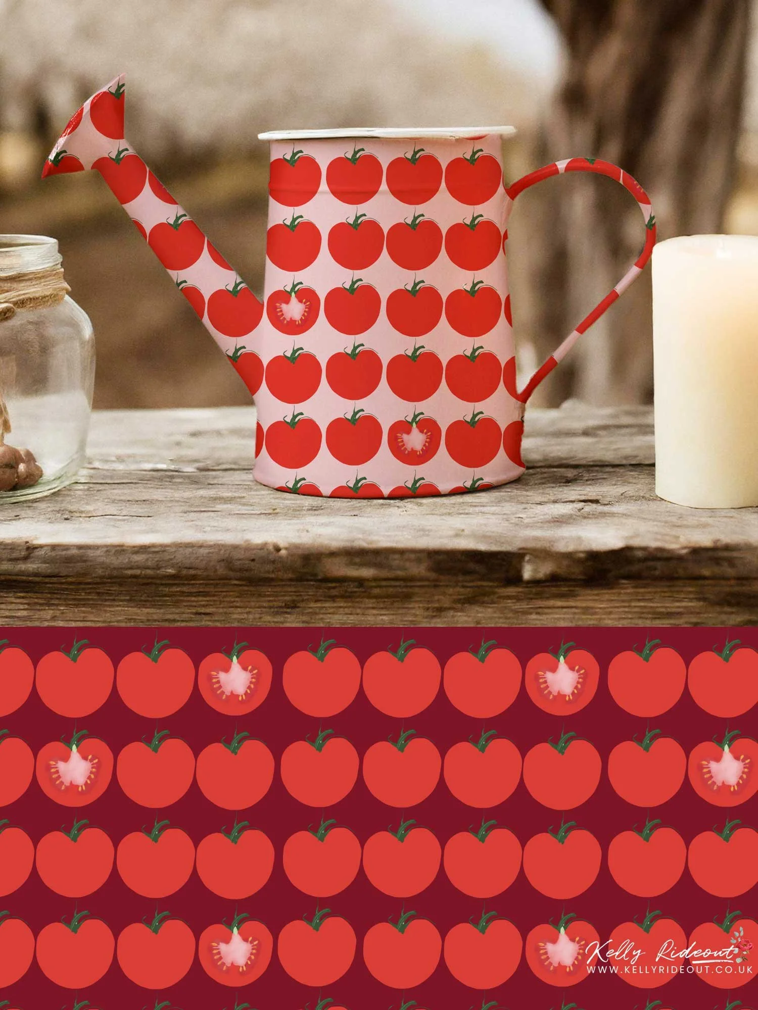A metal watering can with a red tomato pattern, placed on a wooden surface, next to a lit candle and a glass jar with a cork lid, in a rustic setting. Tomato pattern design illustration for sale.