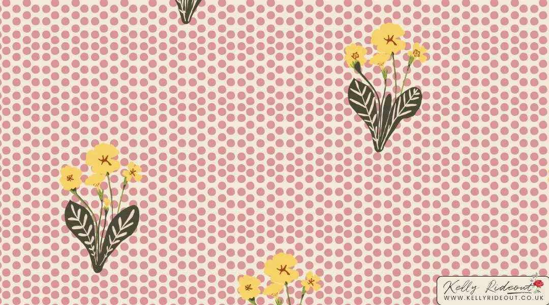 A floral pattern with yellow flowers, green leaves, and a pink dotted background.