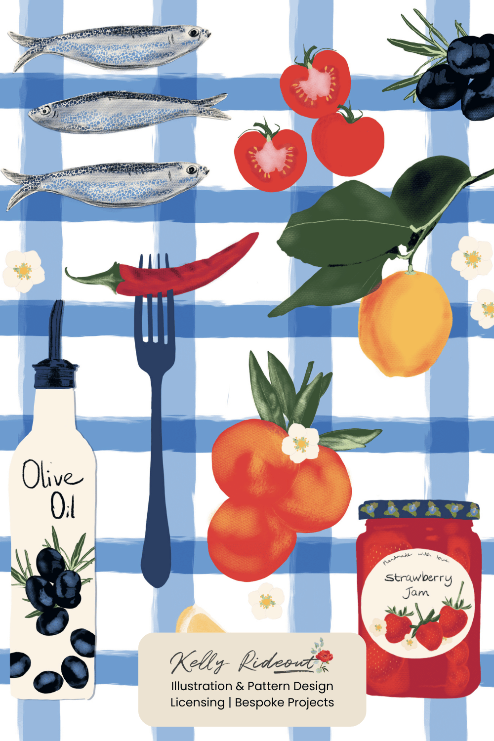 Blue check and picnic food illustration for licensing by Kelly Rideout