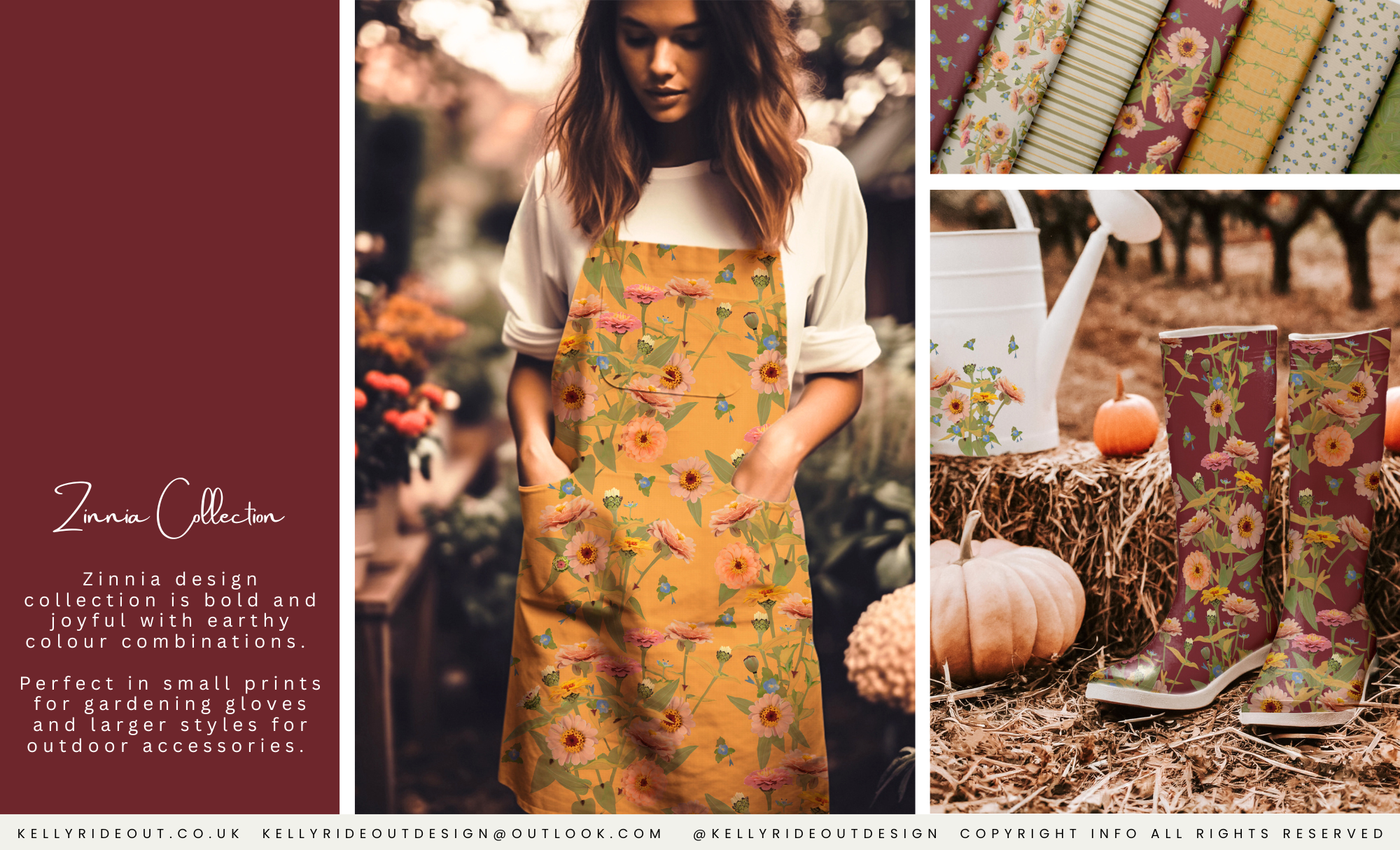 Zinnia Floral Collection On Gardening Aprons Wellies (wet boots) Fabrics