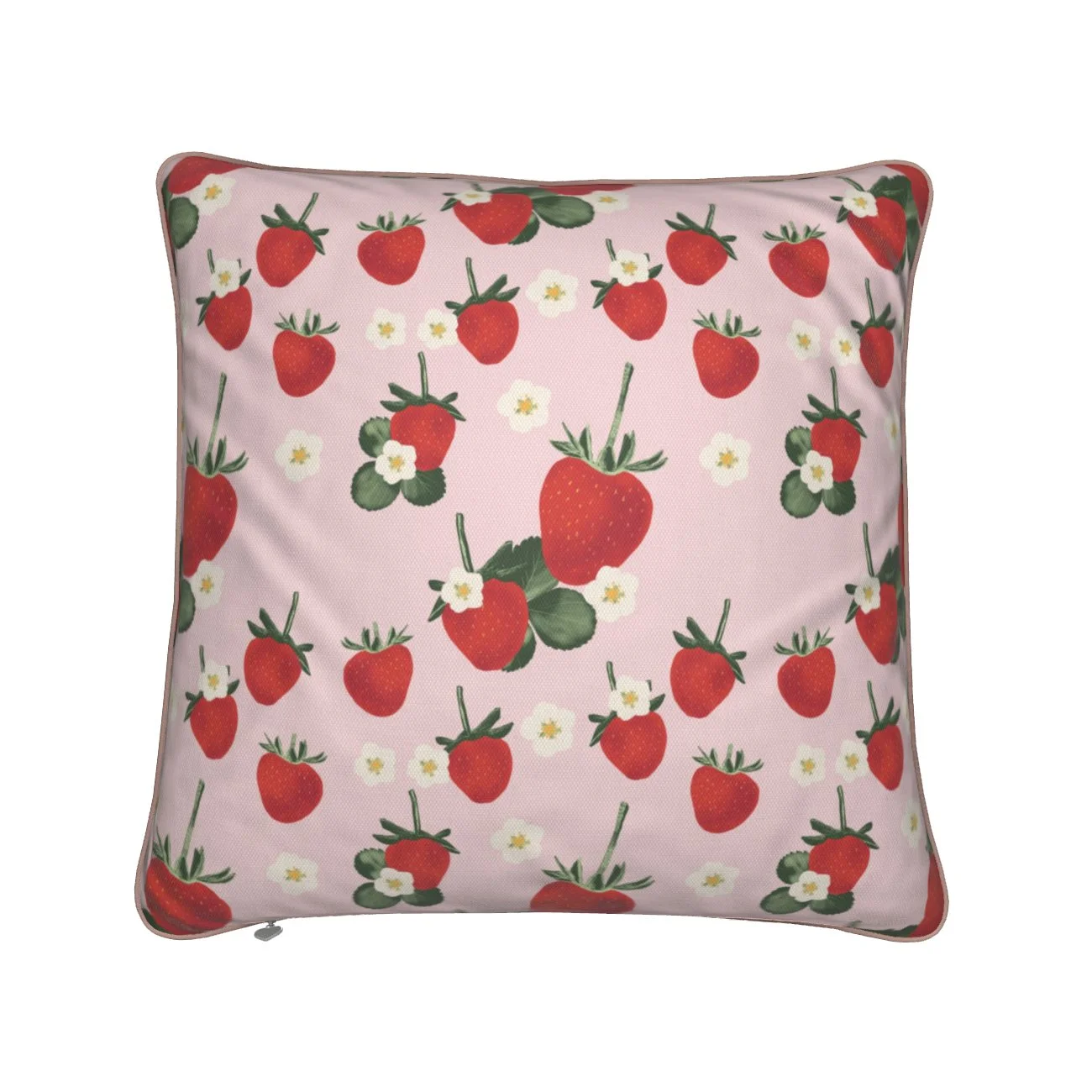 Pink decorative pillow with strawberry and flower pattern designed by Kelly Rideout.