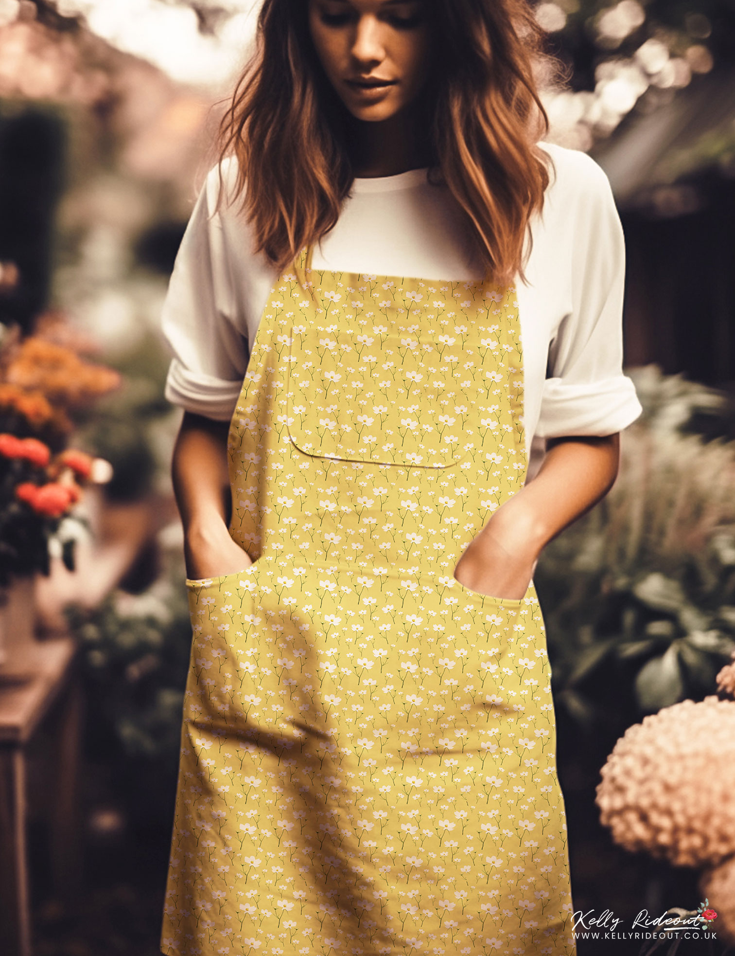 Woman wearing a yellow apron with white floral pattern over a white shirt inside a flower shop.