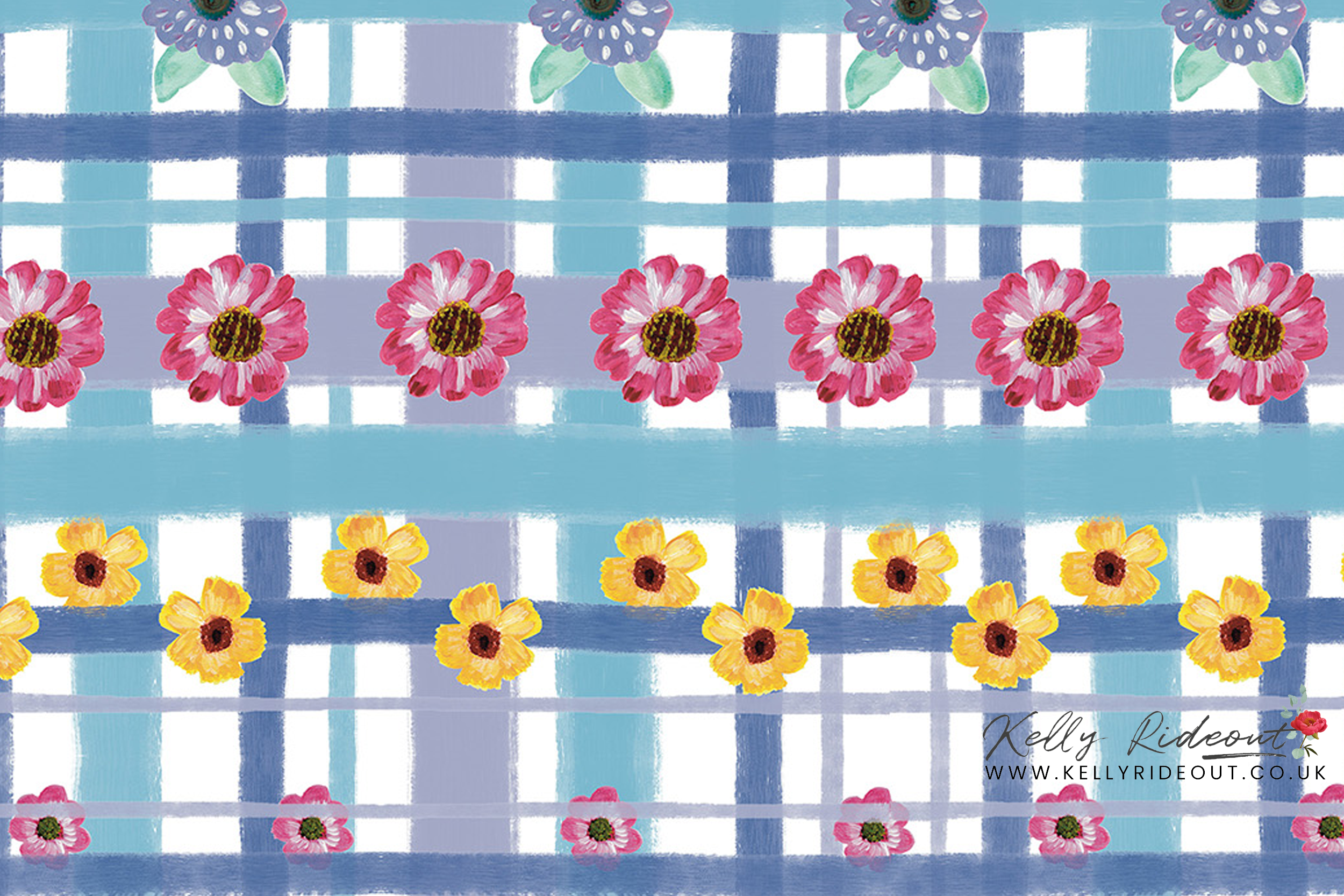 A colorful patterned fabric featuring rows of pink, yellow, and blue flowers with green leaves over a background of blue, purple, and white plaid lines.