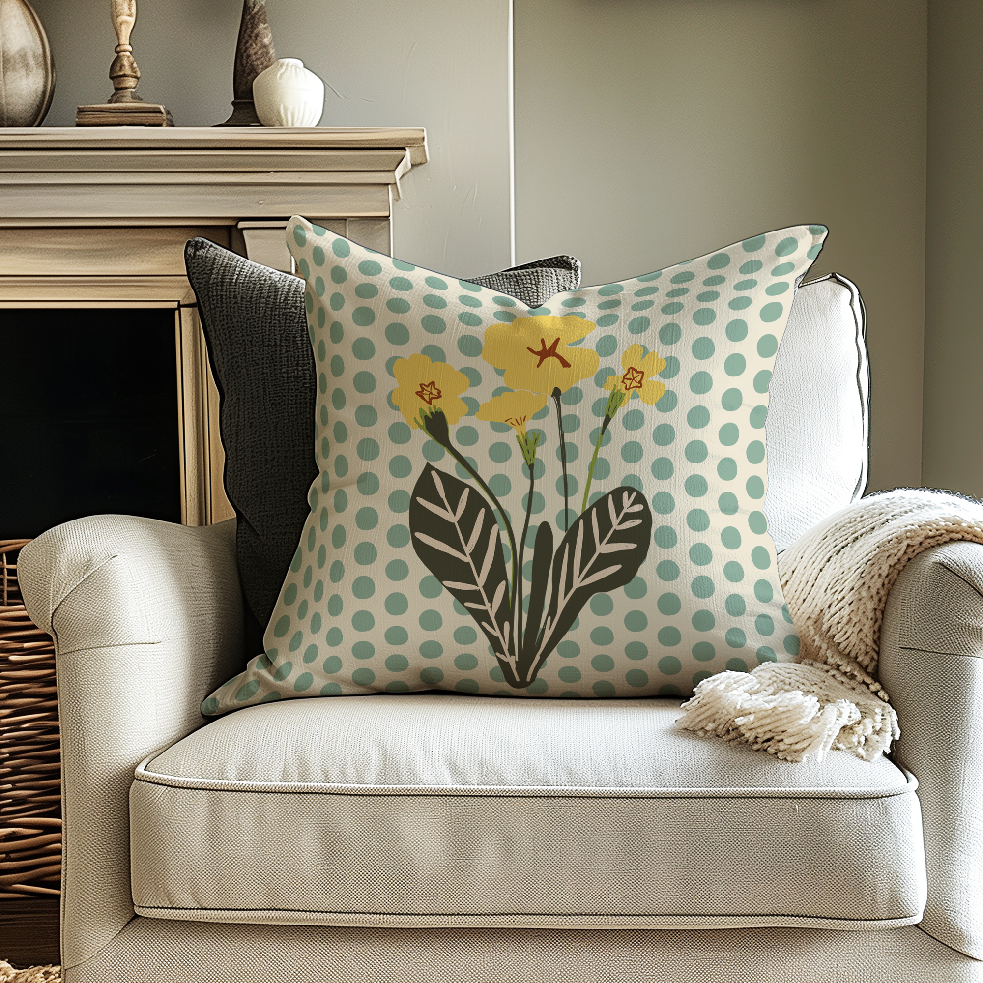 Primrose-Mint-Glaze-dot-cushion-on-cream-armchair lifestyle
