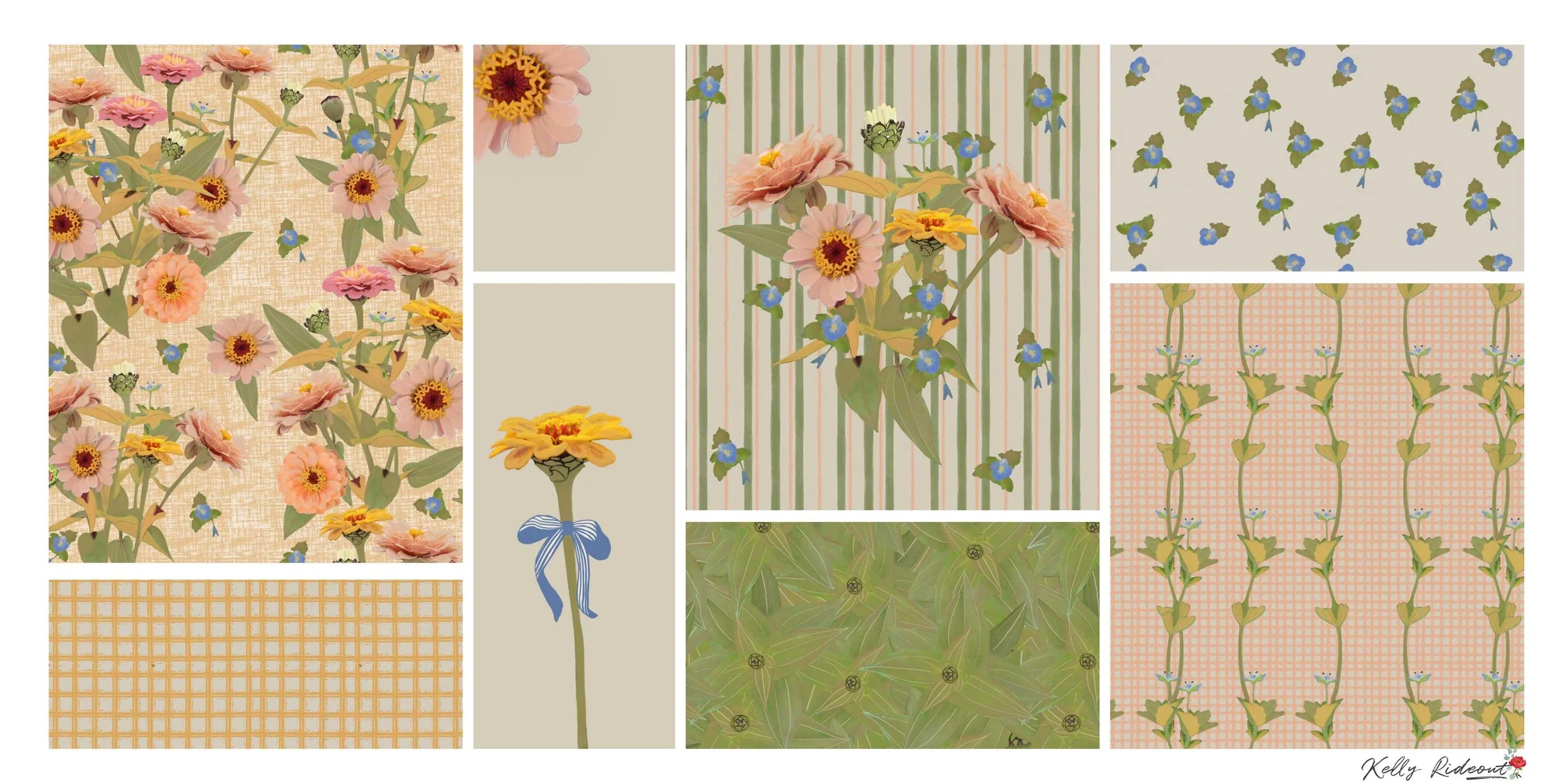 Zinnia botanical surface pattern designs, flower illustrations