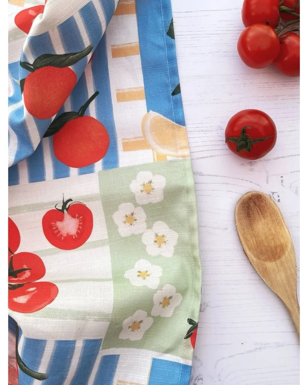 Tomato and vegetables with flowers tea towel hand drawn artisan gift by Kelly Rideout