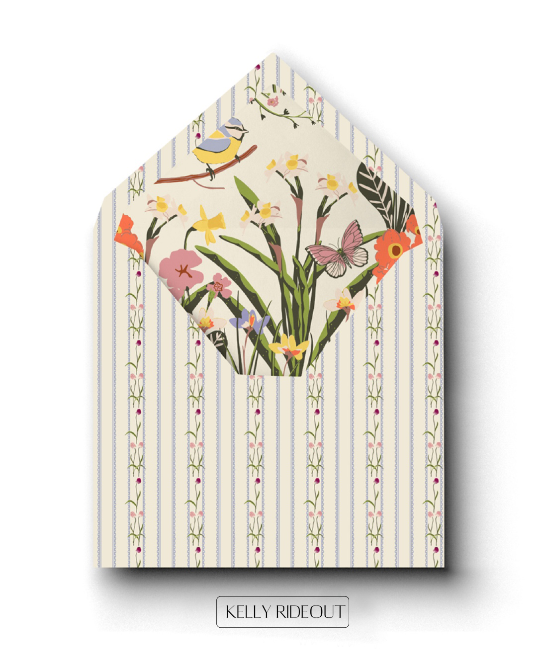 A floral patterned envelope with a Josef Frank style design, containing a card with a similar floral and bird illustration, labeled 'Kelly Rideout' at the bottom.