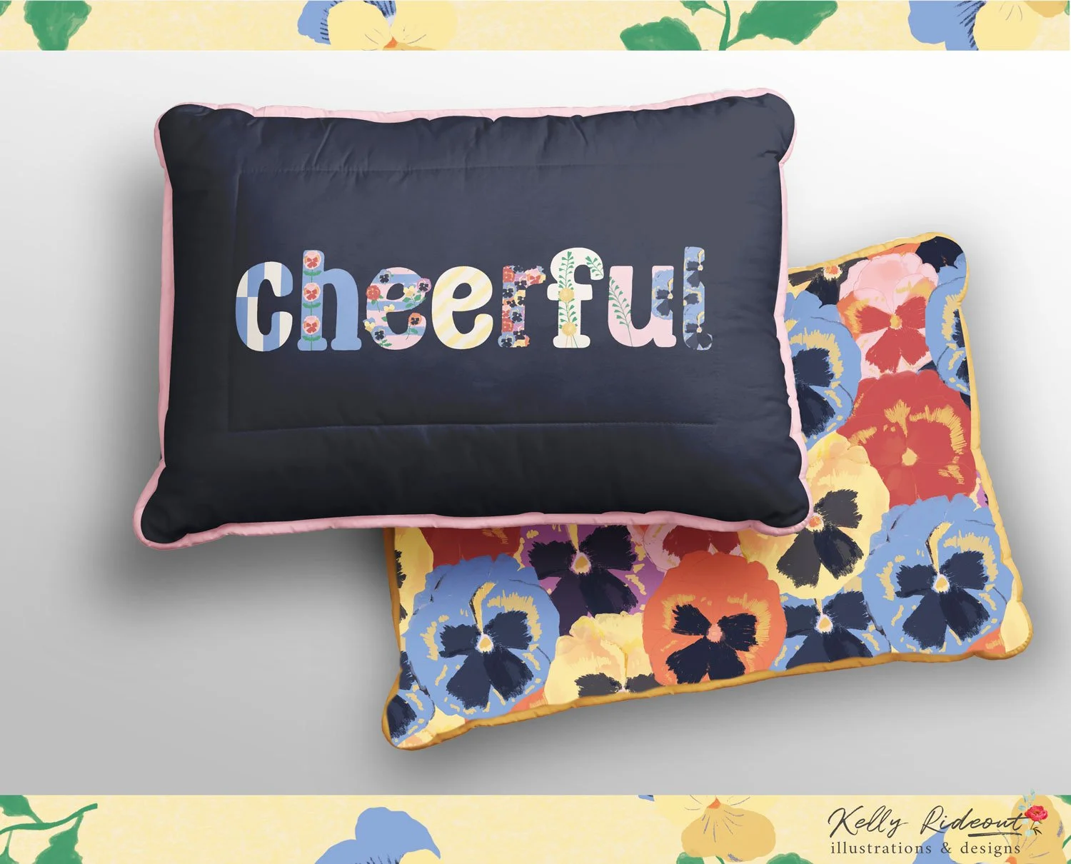 Pansy hand drawn design navy and multi-coloured on luxury throw cushions