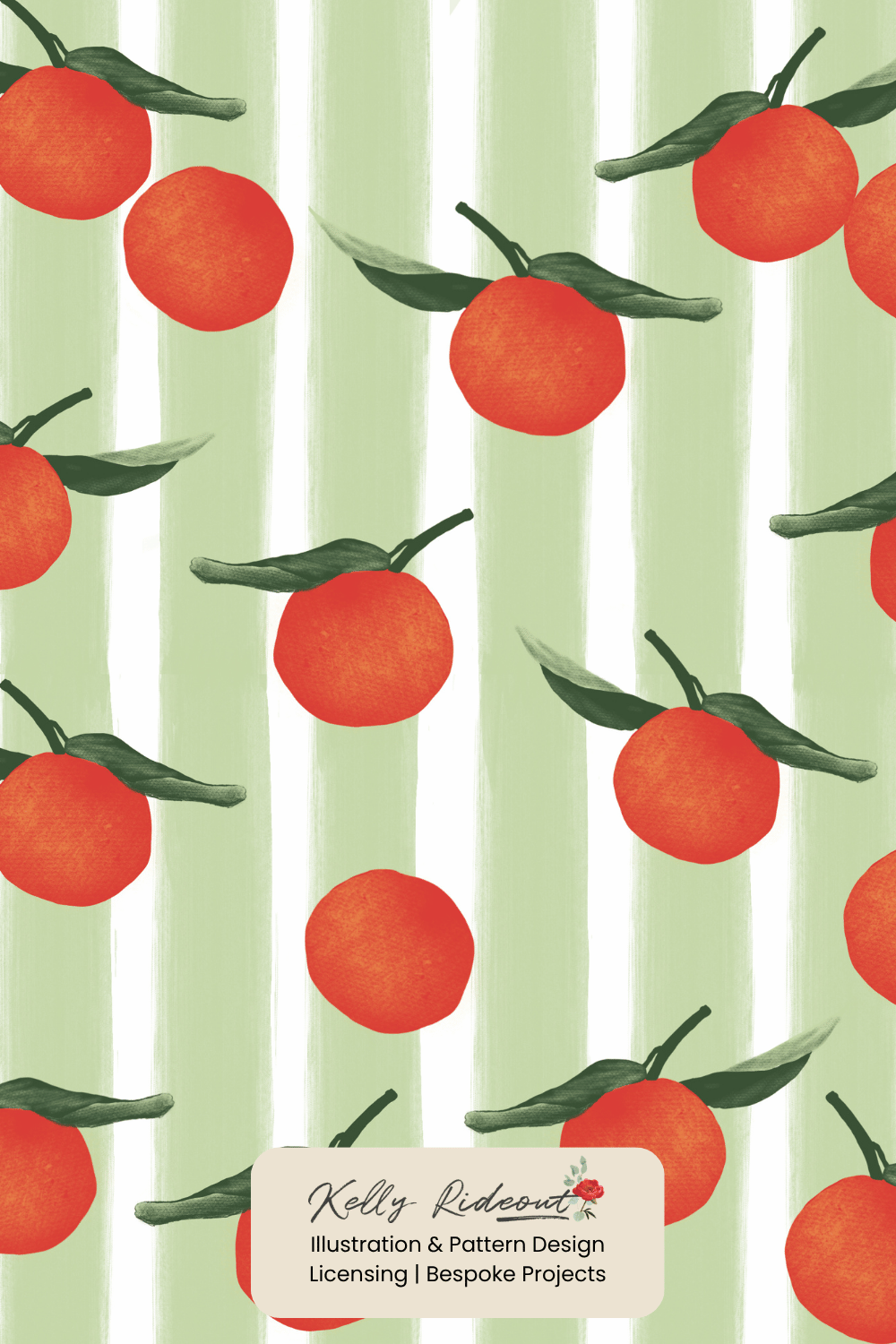 Hand drawn orange illustrations on a painted green stripe by Kelly Rideout for art licensing