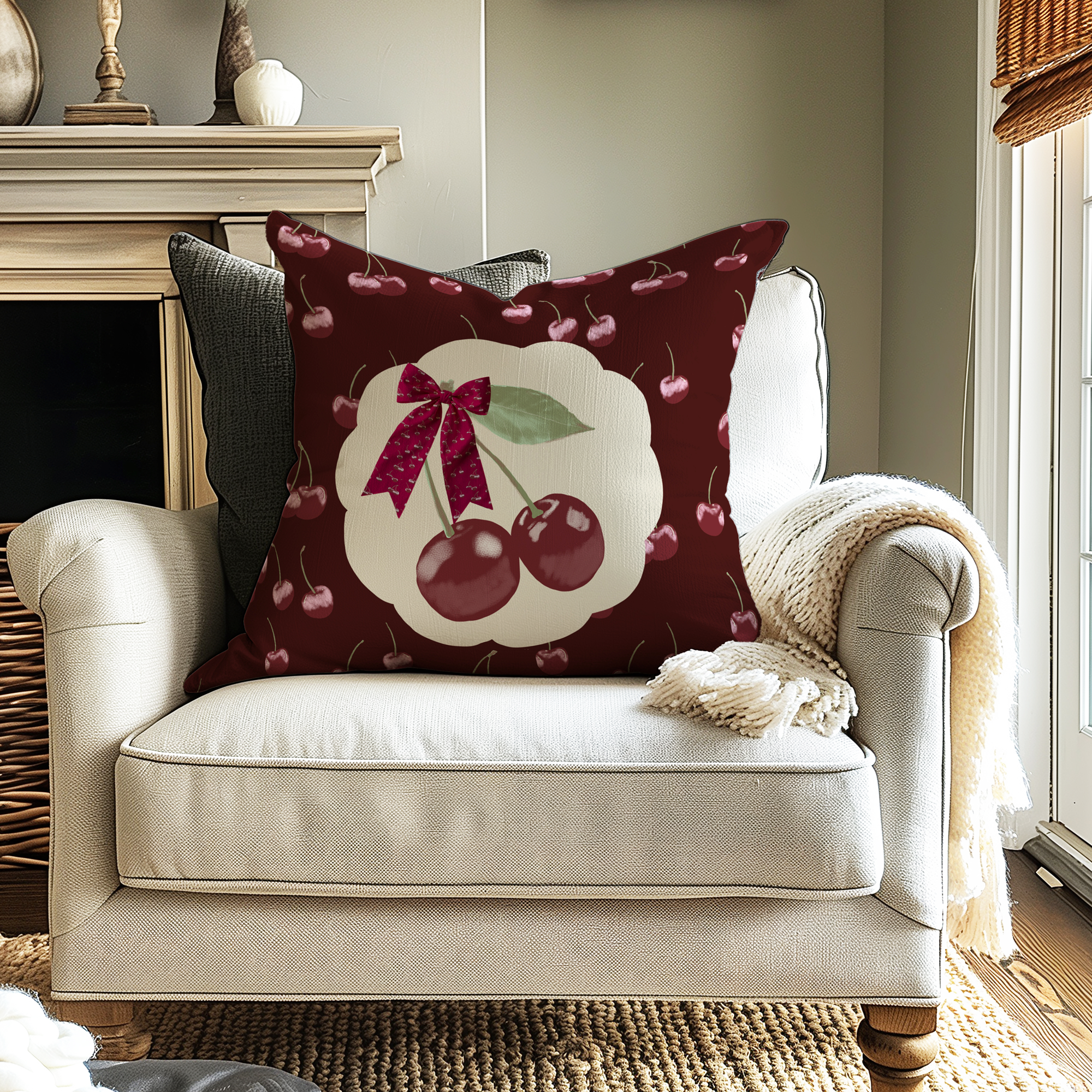 Dark-Cherry-Red-Cushion-Gift-Hand-Illustrated Maximalism Home Decor