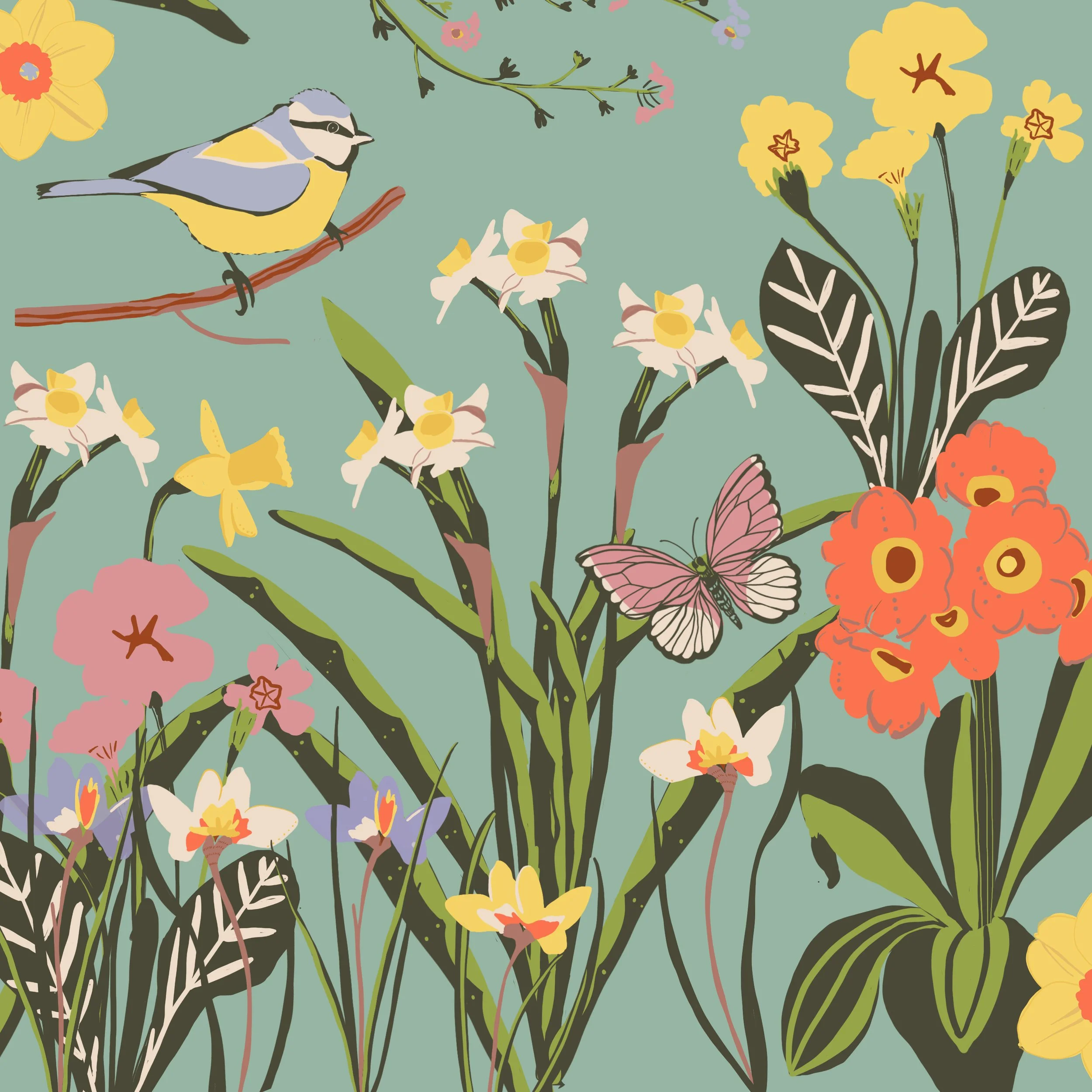 A Mint Glaze Spring Awakening illustration of seasonal flowers, a bird, a butterfly, and green leaves set against a mint green background hand illustrated artwork for licensing by Kelly Rideout.