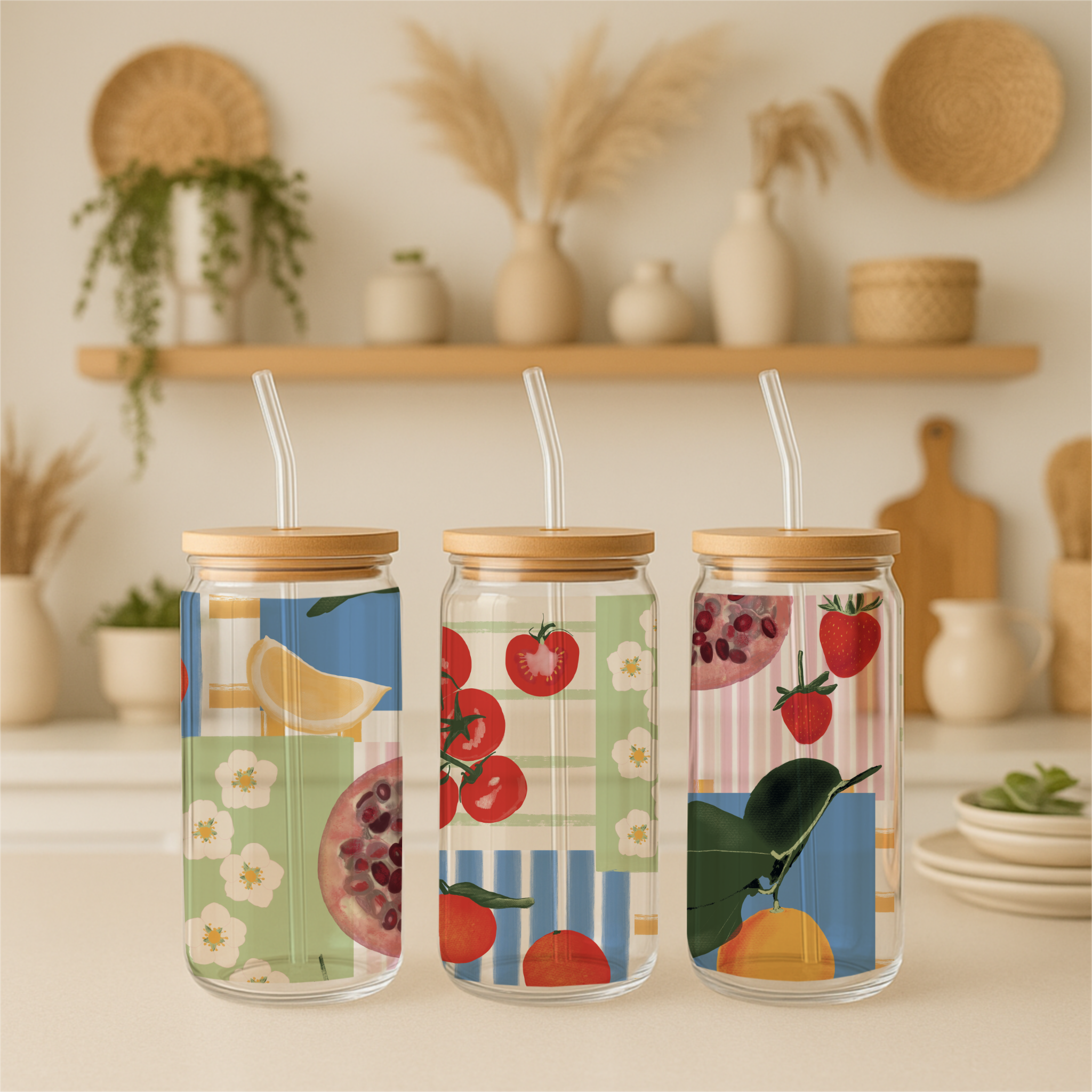Summer holiday drinking cup designs modern fun fruit and vegetables pattern for prints and products. Three decorated glass jars with wooden lids and straws, decorated with fruit and floral patterns, placed on a kitchen