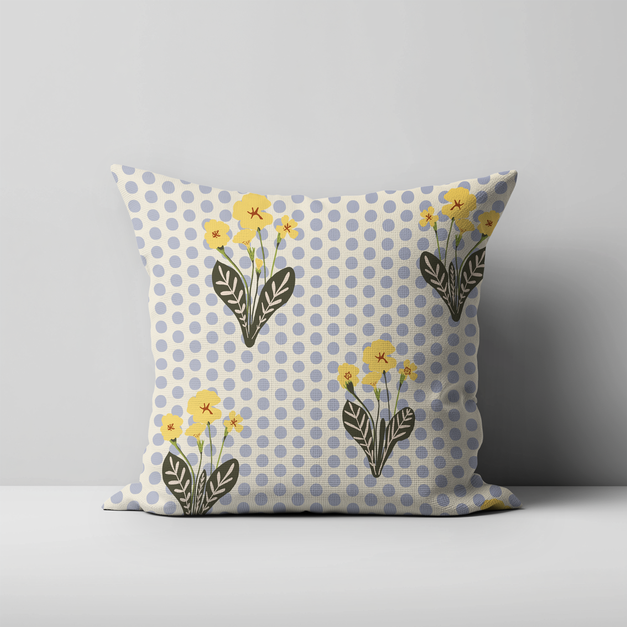 Primrose Yellow Tiny Floral Cushion Blue Dots Illustration by Uk Surface Pattern Designer