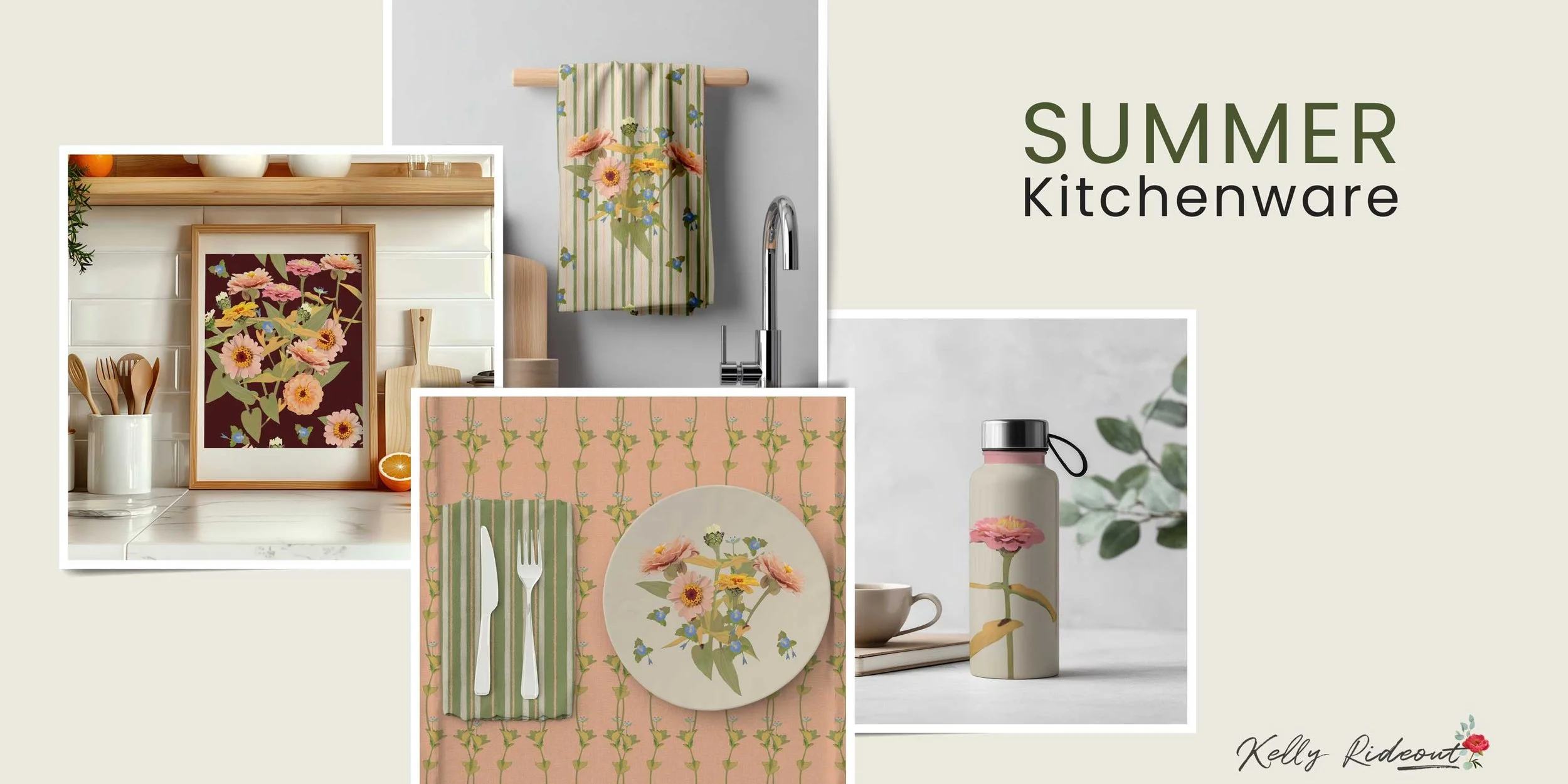 Botanical Summer Kitchenware Patterns For Products Floral zinnia hand drawn shown on plates, napkins, wall art frames, water bottles and kitchen accesories
