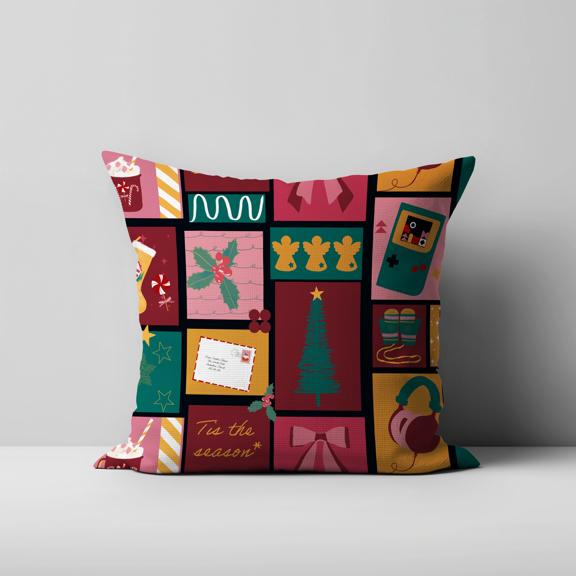 Hand illustrated Christmas Retro Cushion Gameboy, Headphones, Deer, Mistletoe