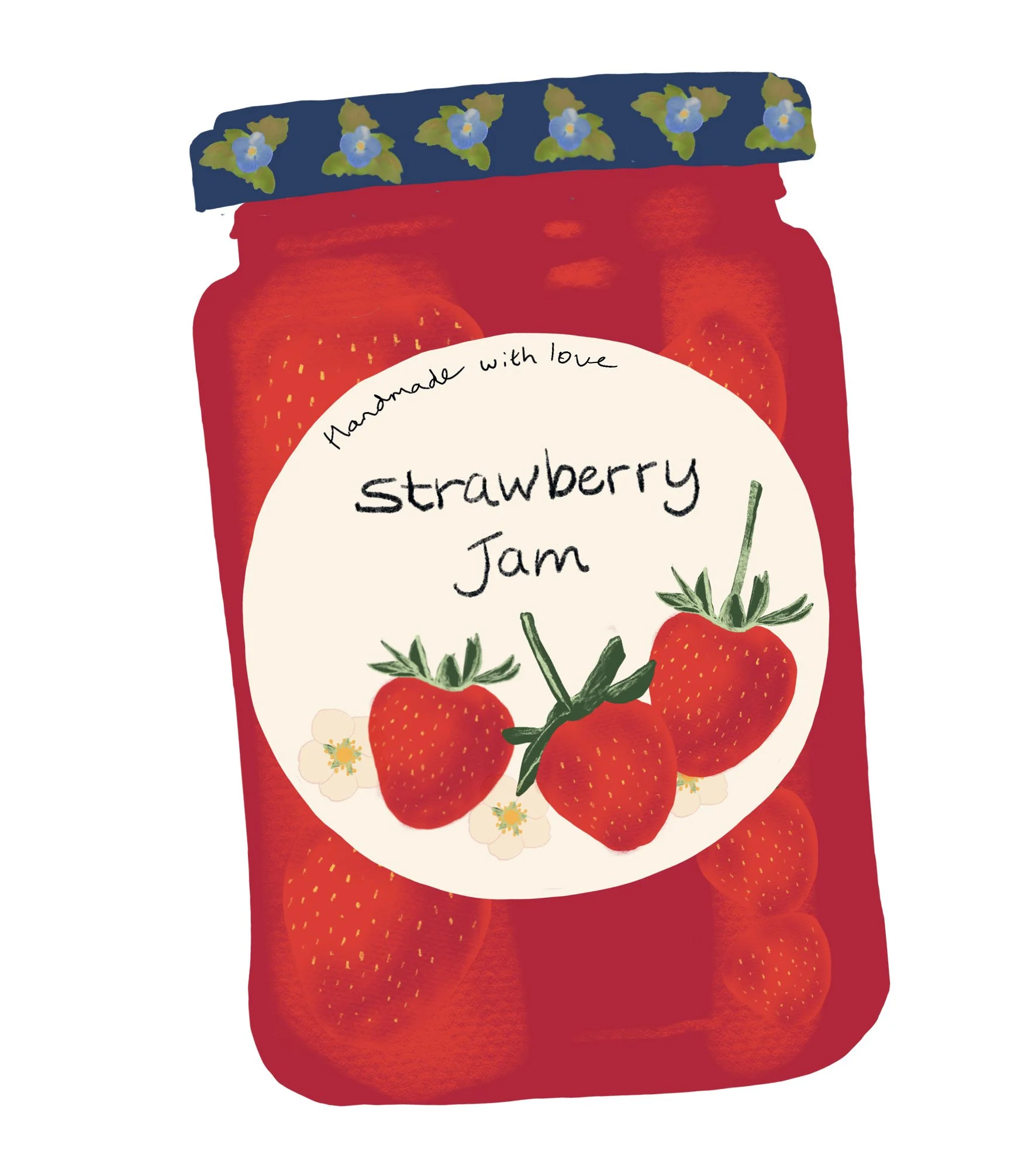 Hand-drawn illustration of a jar of strawberry jam with a blue floral lid, for art licensing featuring strawberries and small white flowers on the label.
