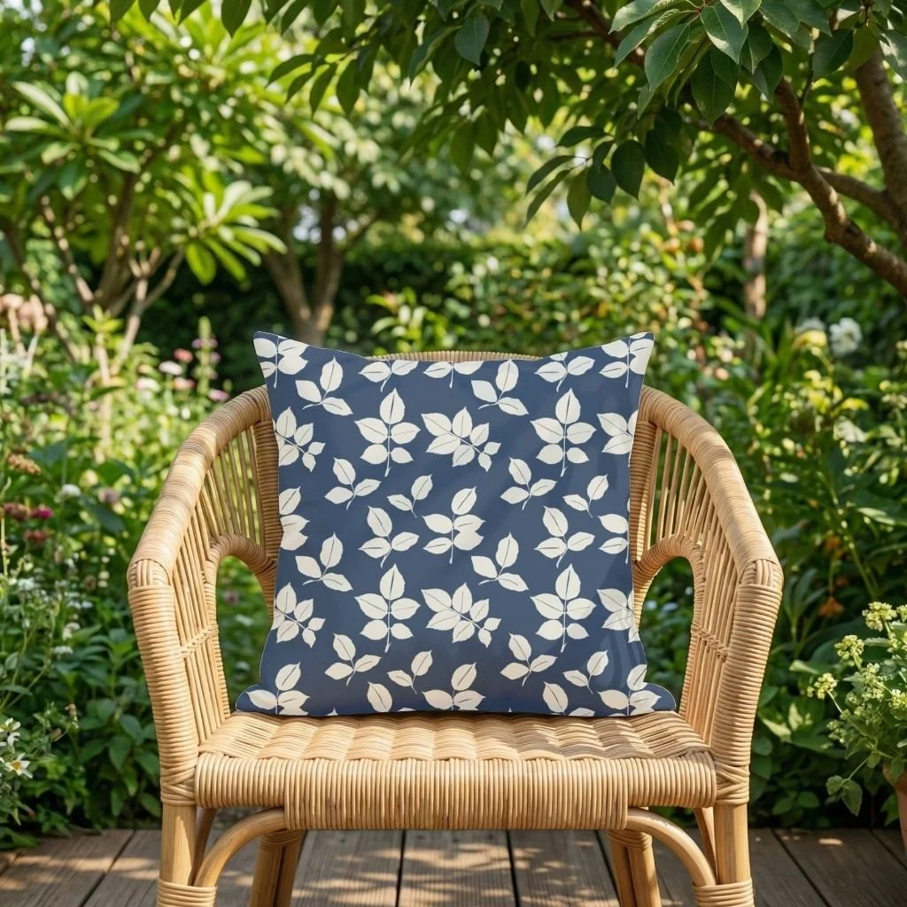 A wicker chair with a blue and white leafy pattern pillow, set outdoors on a wooden deck surrounded by green trees and foliage. Example of Kelly Rideout's patterns for licensing  on garden chair