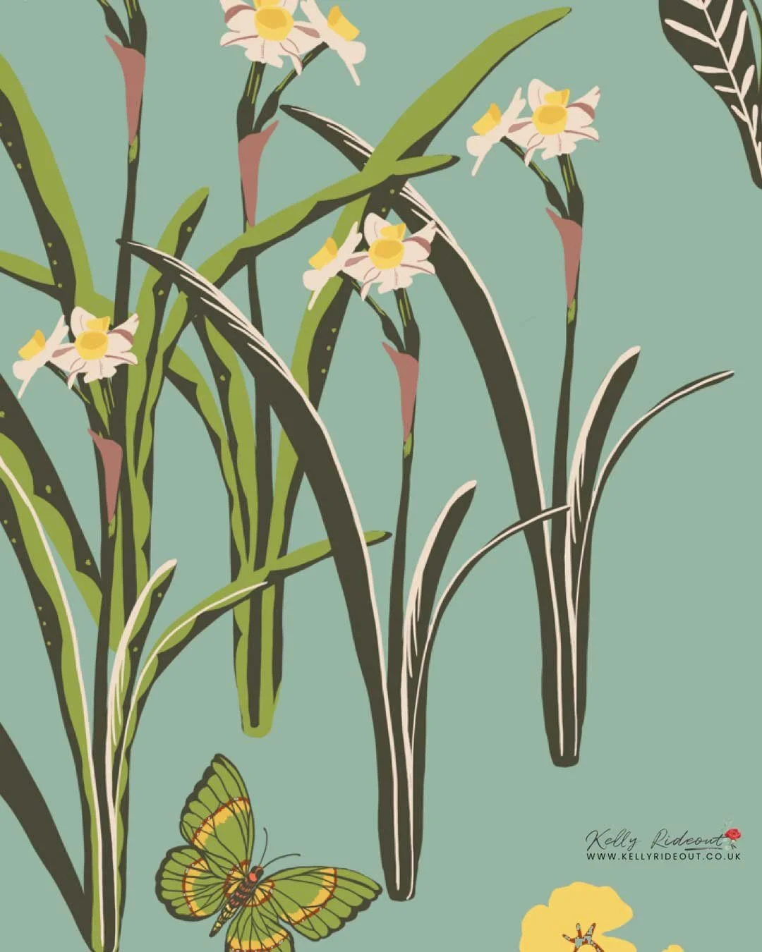 Illustration of tall green grass with white and yellow flowers and a butterfly on a blue background.