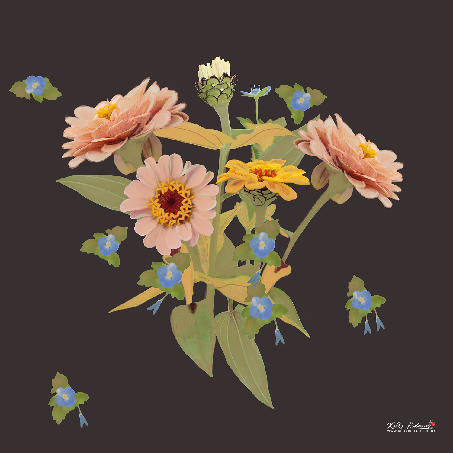 Digital illustration of a bouquet of pink, yellow, and peach flowers with green leaves on a black background, with small blue flowers scattered around. Floral Maximalist print designer with art to license