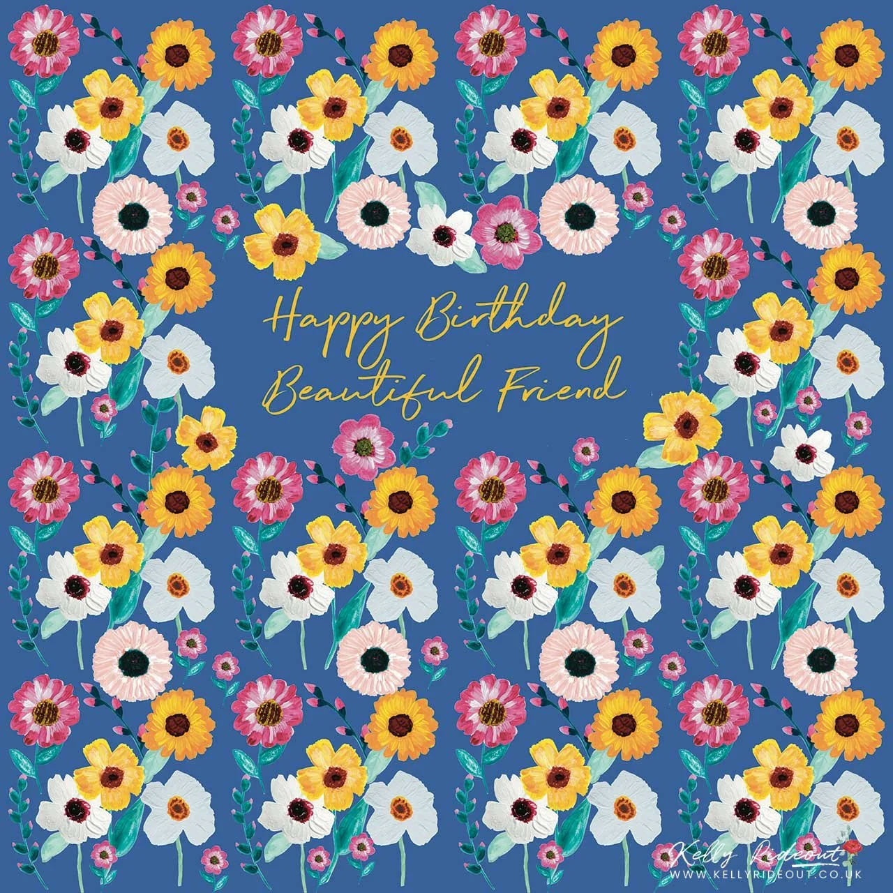 A colorful birthday greeting card with a blue background and a pattern of pink, yellow, and white flowers with green leaves. The text in the center reads, "Happy Birthday Beautiful Friend" in elegant yellow script.