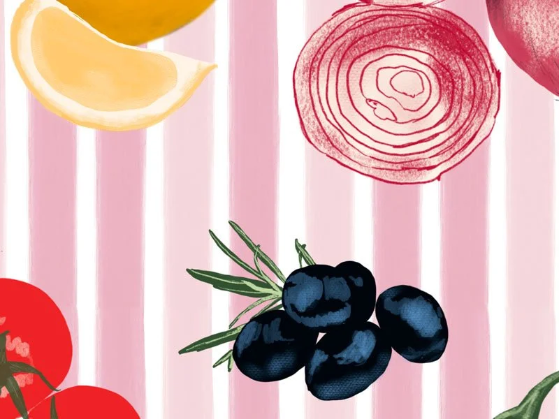 Vegetable illustration on art tote bag pink striped