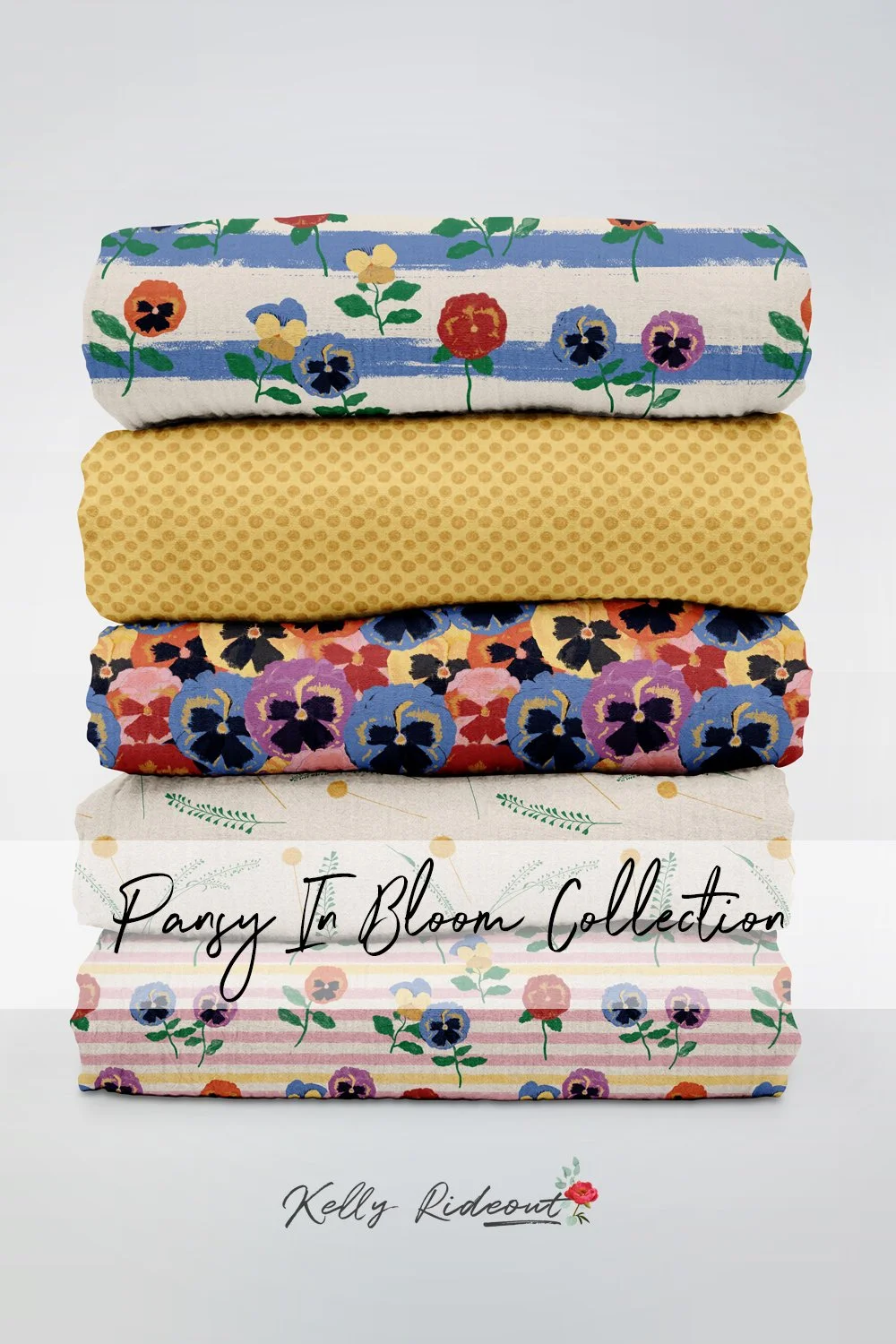 Stack of five folded colorful floral and patterned fabrics with the text "Party in Bloom Collection" and "Kelly Rideout" overlaid.