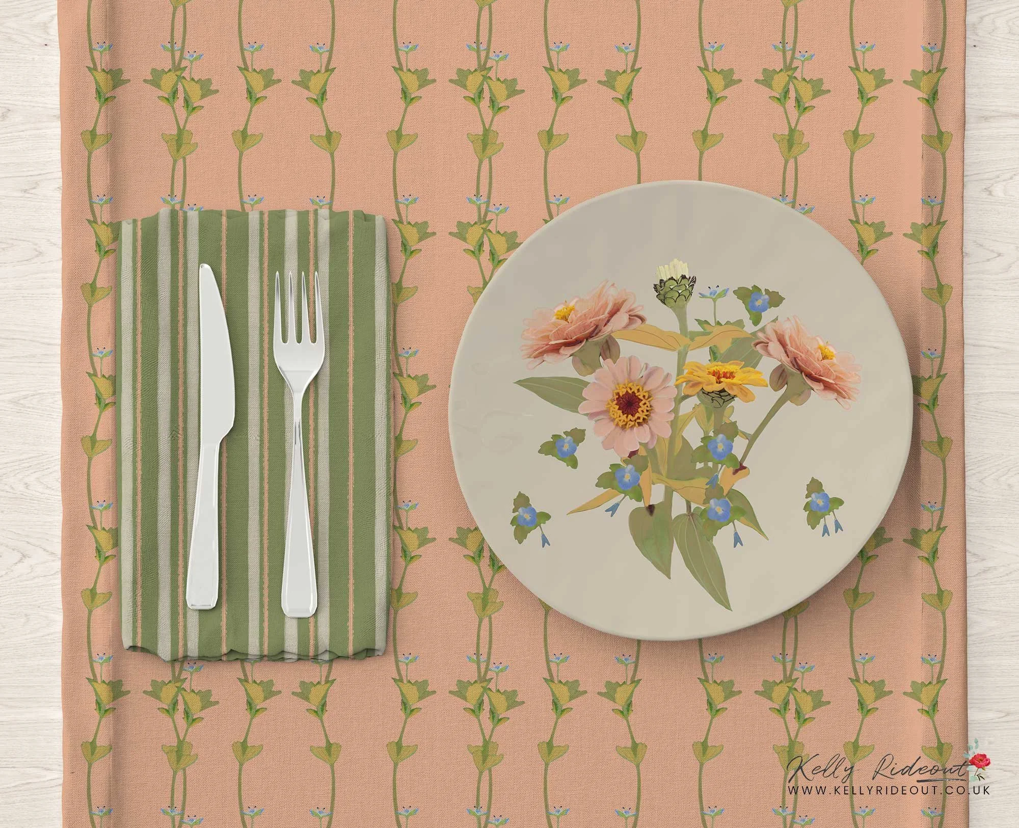 Floral maximalism, botanical pink and yellow flowers and blue accent florals, placement design on a plate in a table setting, coral table mat with green vines. green striped napkin with a knife and fork