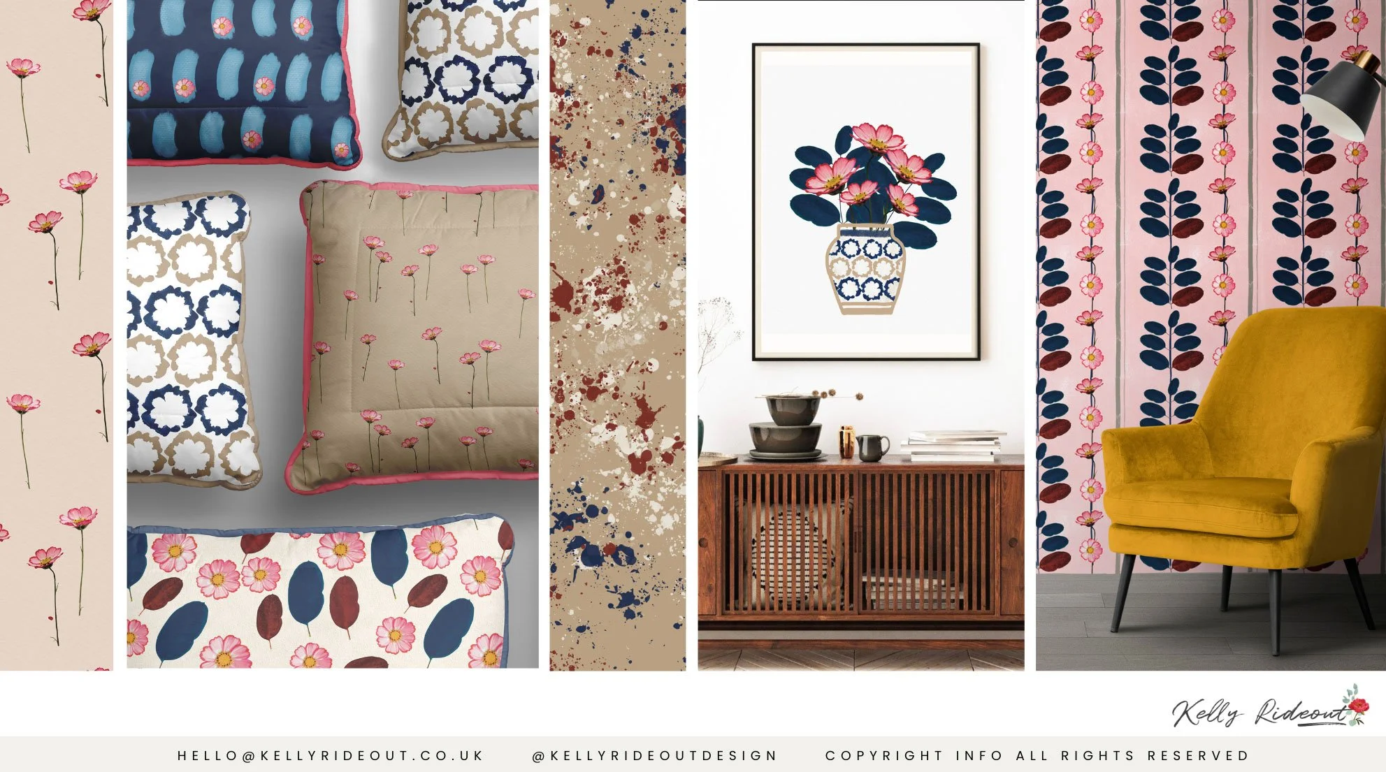 Flower painting, stamp printing cushions, flowers in vase artwork and patterned wallpaper in pink with florals.