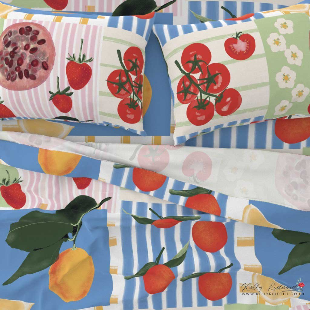 Market Fresh bright fruit and bold vegetables bed spread from Spoonflower. A collection of fabric with colorful fruit and floral patterns, including strawberries, cherries, lemons, pomegranates, and white flowers on various striped backgrounds.