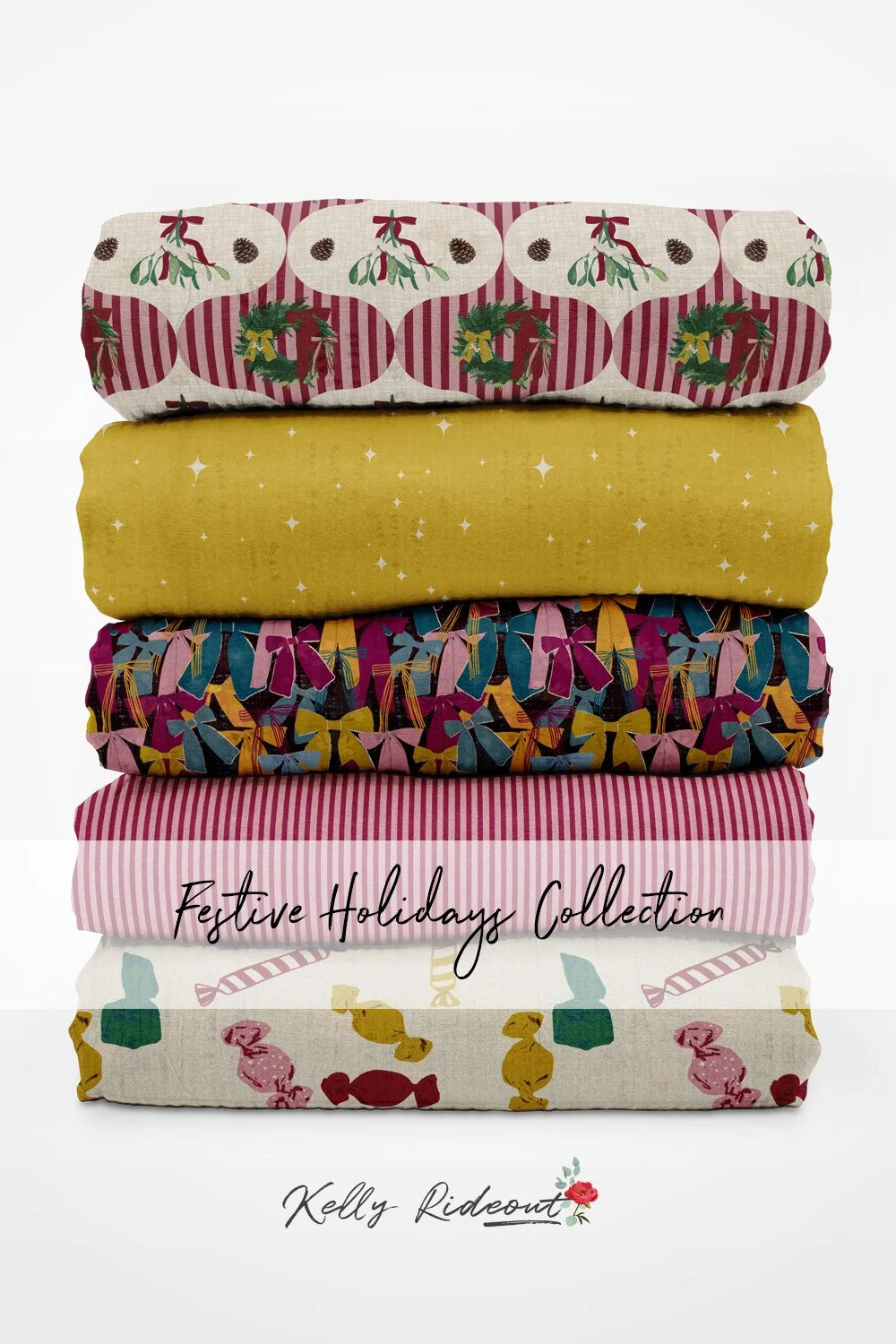 FChristmas Holidays Mistletoe and Wreath Fabric Collection