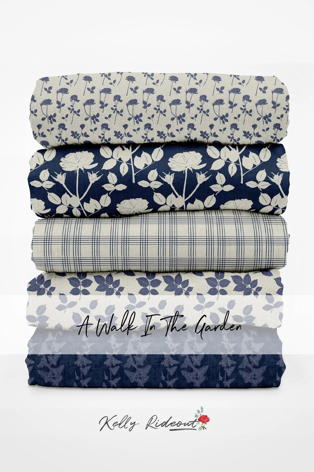 Floral Stencil blue and white rose fabric designs