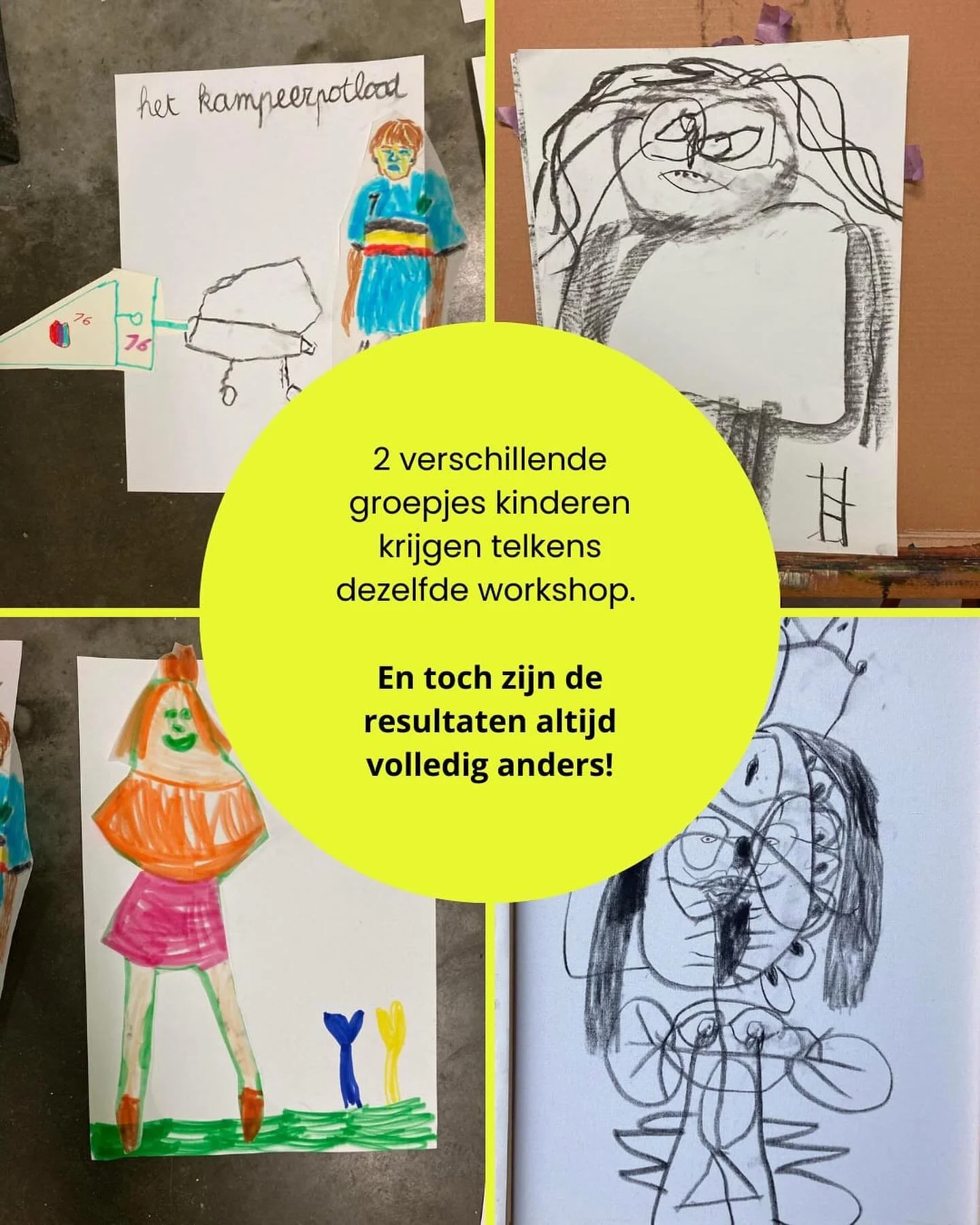 Workshop Modeltekenen - de ene groep wou de handen vuil maken en losgaan met houtskool, de andere groep koos voor kleur, precisie &amp; fantasie. Altijd heel boeiend om te zien hoe ze elkaar inspireren 🌱.