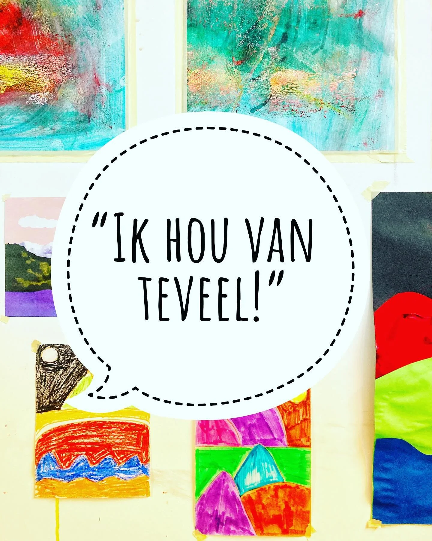 Alweer zo&rsquo;n mooie uitspraak deze ochtend tijdens de workshop &lsquo;Vrolijke landschapskunst&rsquo;. Voor E (5 jaar) bestaat er niet zoiets als t&eacute; veel. Hoe meer hoe beter. The sky is the limit 😍. In 4 woorden zo&rsquo;n diepzinnige boo