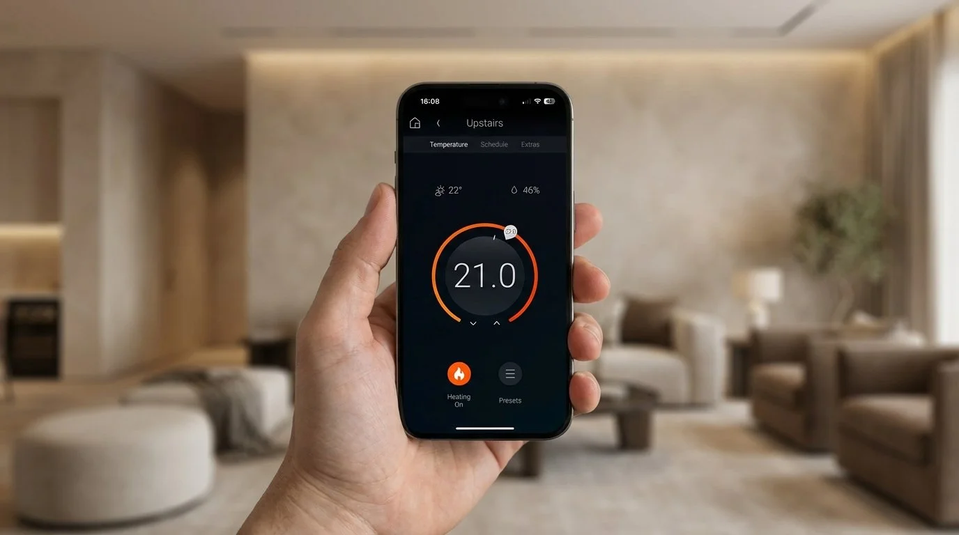 A person holding a smartphone displaying a home climate control app in a modern living room.