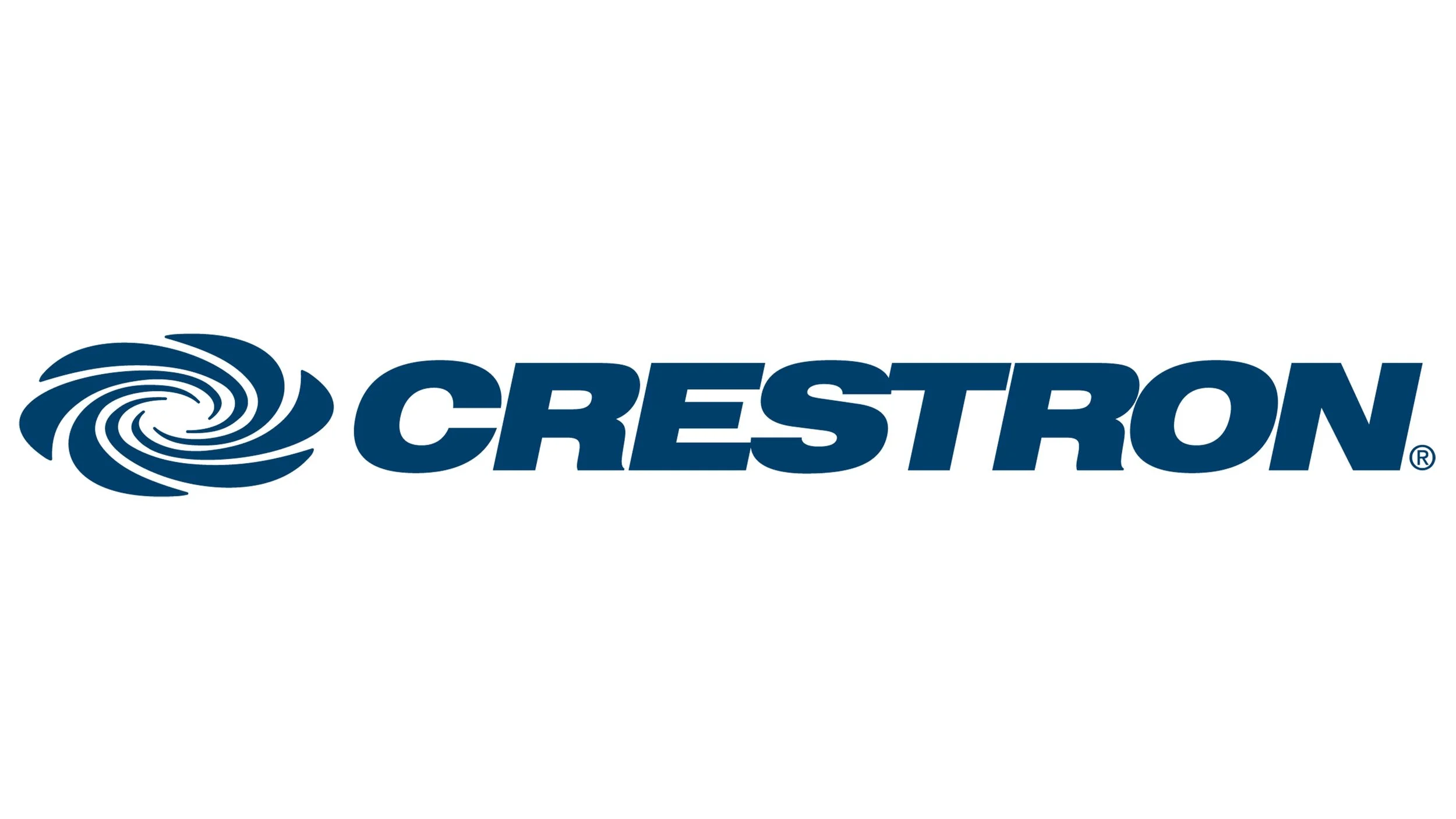 Crestron logo with a stylized swirl icon on the left and the company name in bold blue letters