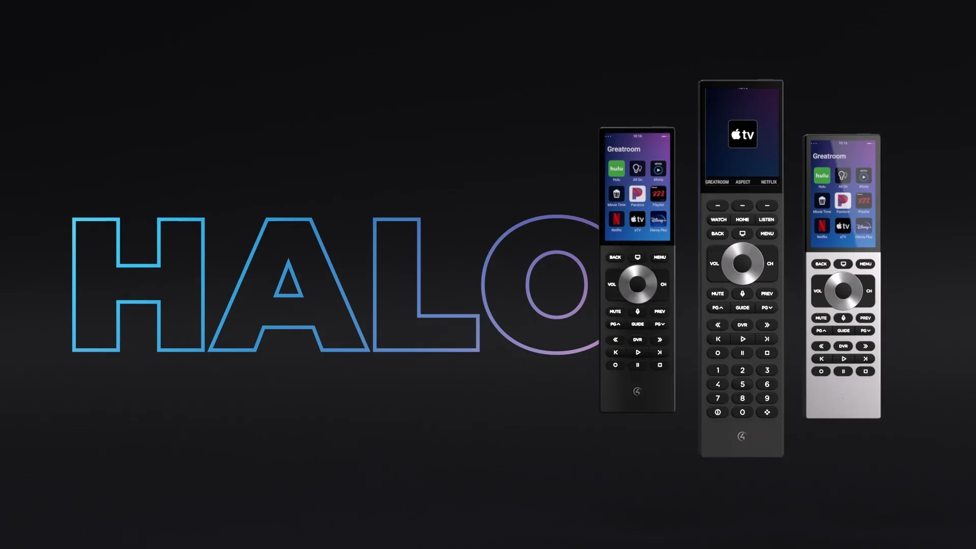 Digital image featuring three remote controls with app icons and a neon outline of the word "HALO" on a dark background.