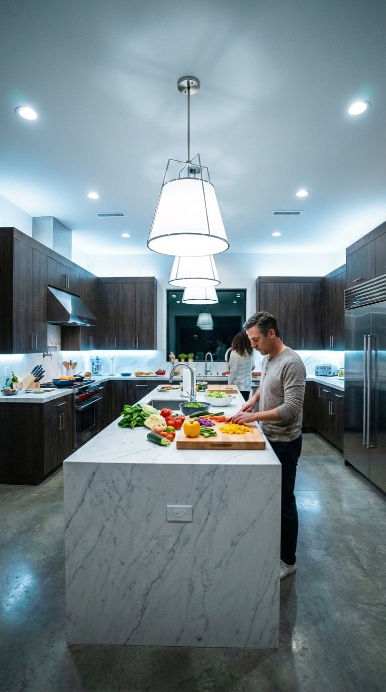 A man chopping vegetables on a marble kitchen island with fresh produce, while a woman in the background prepares food in a modern kitchen with dark wood cabinets and bright lighting.