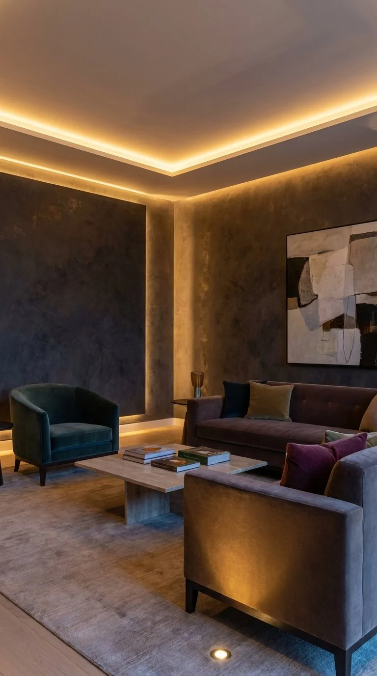 A modern living room with gray walls and warm indirect lighting along the ceiling and walls. There is a dark gray sofa with pillows, a green armchair, a wooden coffee table with books, and a large abstract painting on the wall.