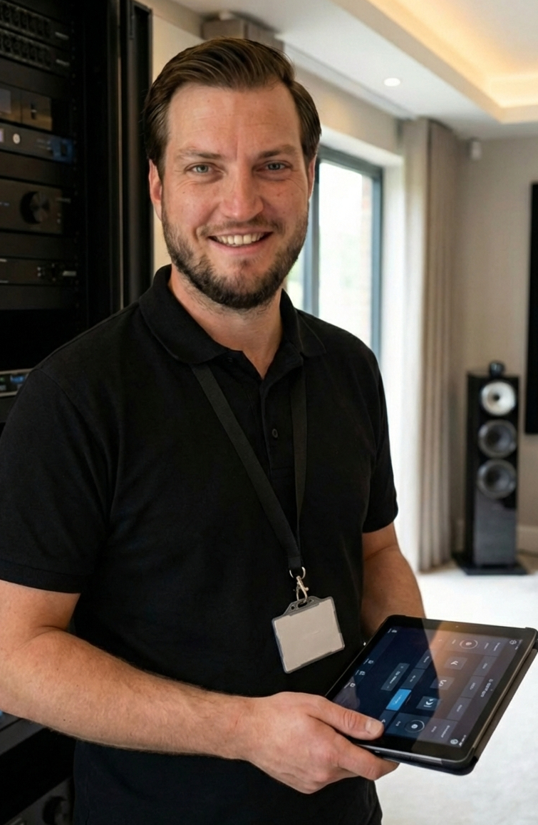 Smiling man with a beard wearing a black polo shirt and lanyard holding a tablet, standing in a modern room with large windows and audio speakers in the background.