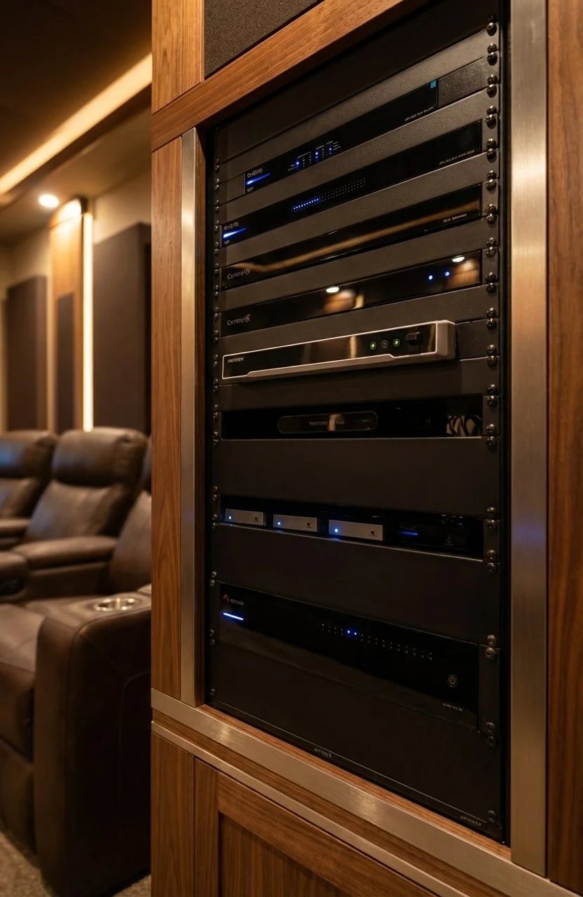 Interior of a home theater room with wall-mounted audio and video equipment racks next to plush recliner seats.