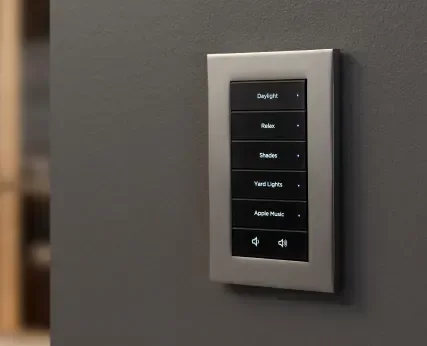 Wall-mounted control panel with buttons labeled for lighting and audio settings.