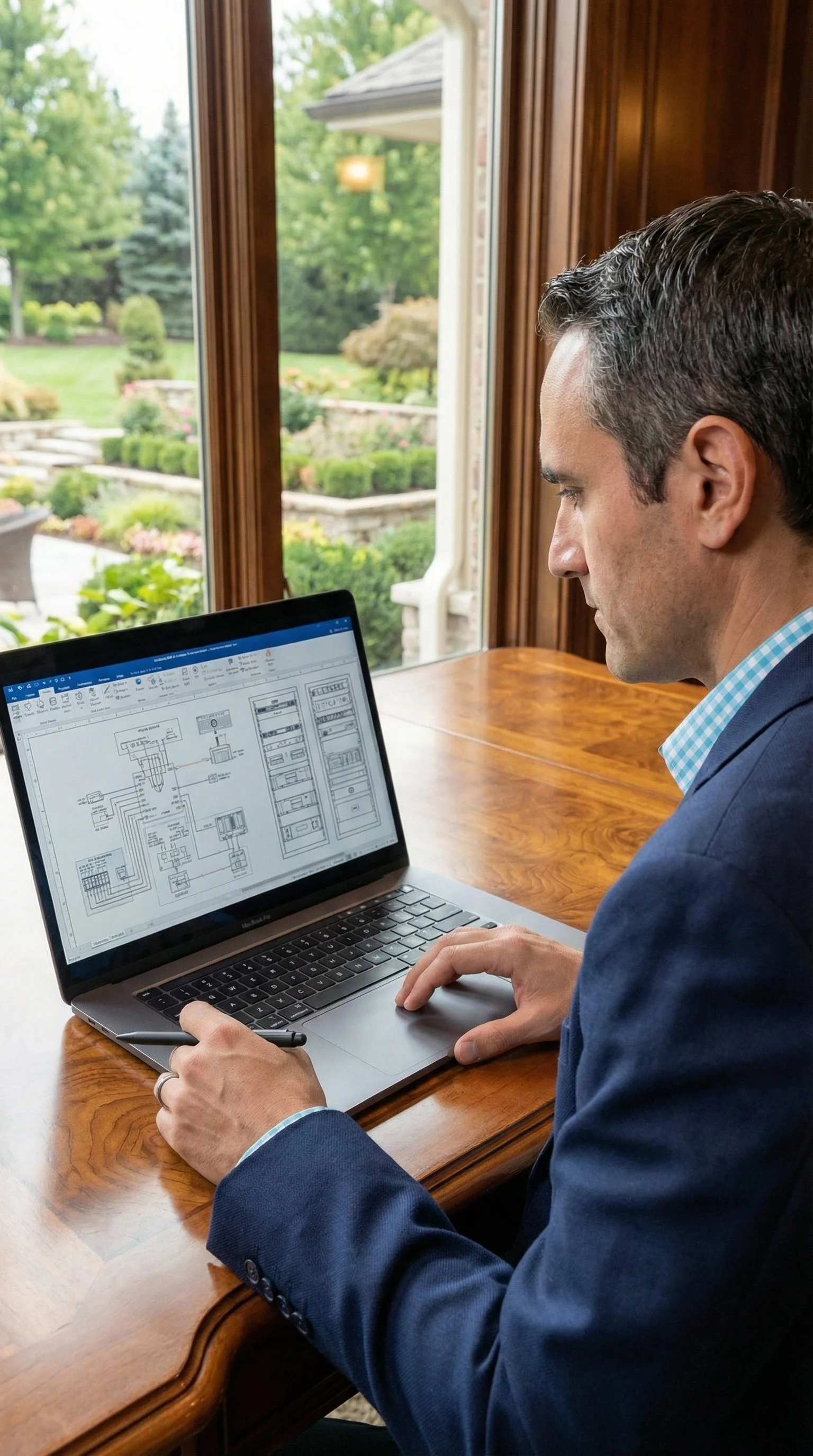 A man in a navy suit working on a laptop with electrical schematics on the screen, seated at a wooden table by a window overlooking a garden.
